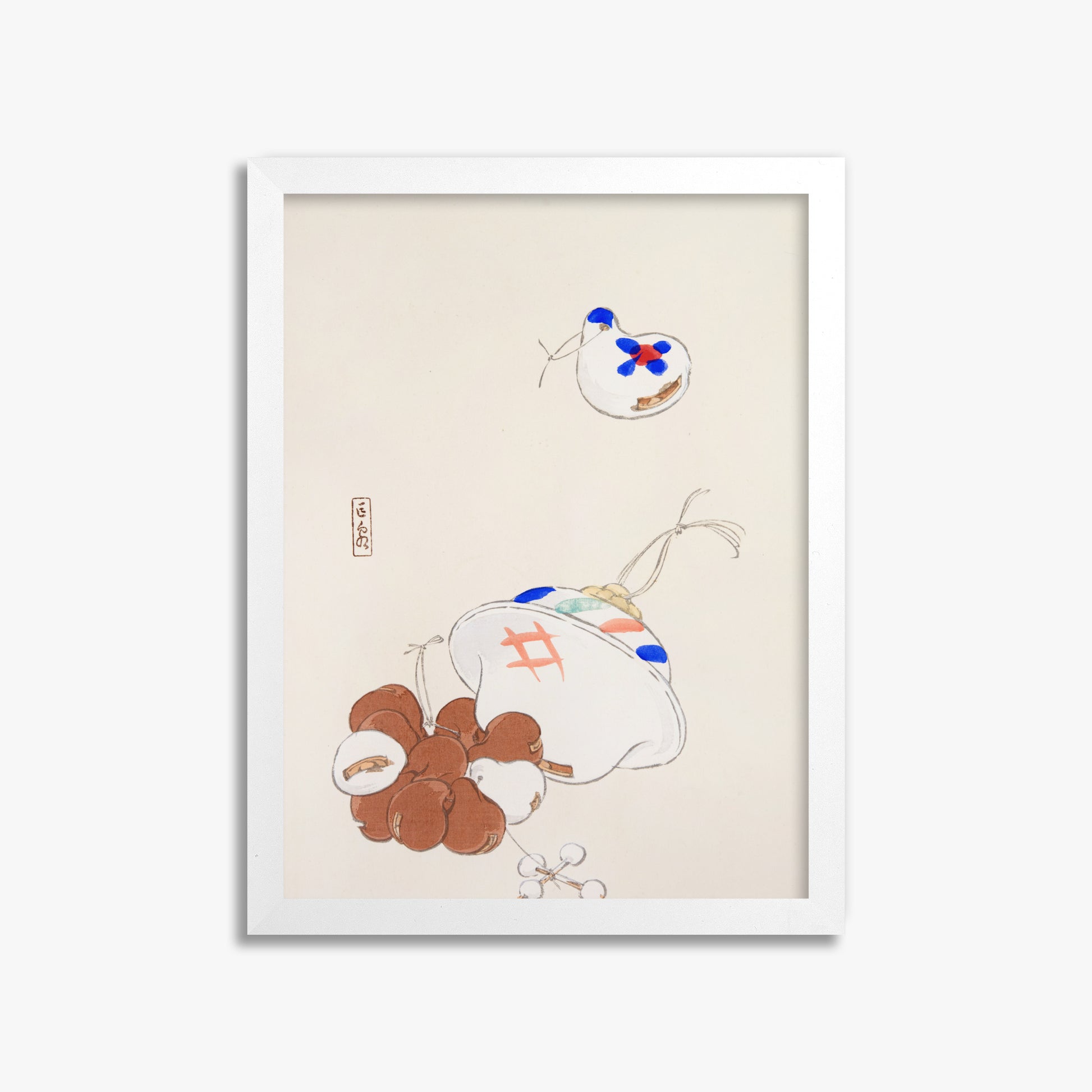 Kawasaki Kyosen: Kyosen’s Collected Illustrations of Japanese Toys Nr. 8 ("Zen Garden Treasures"), 30x40cm Framed Art Reproduction With White Frame
