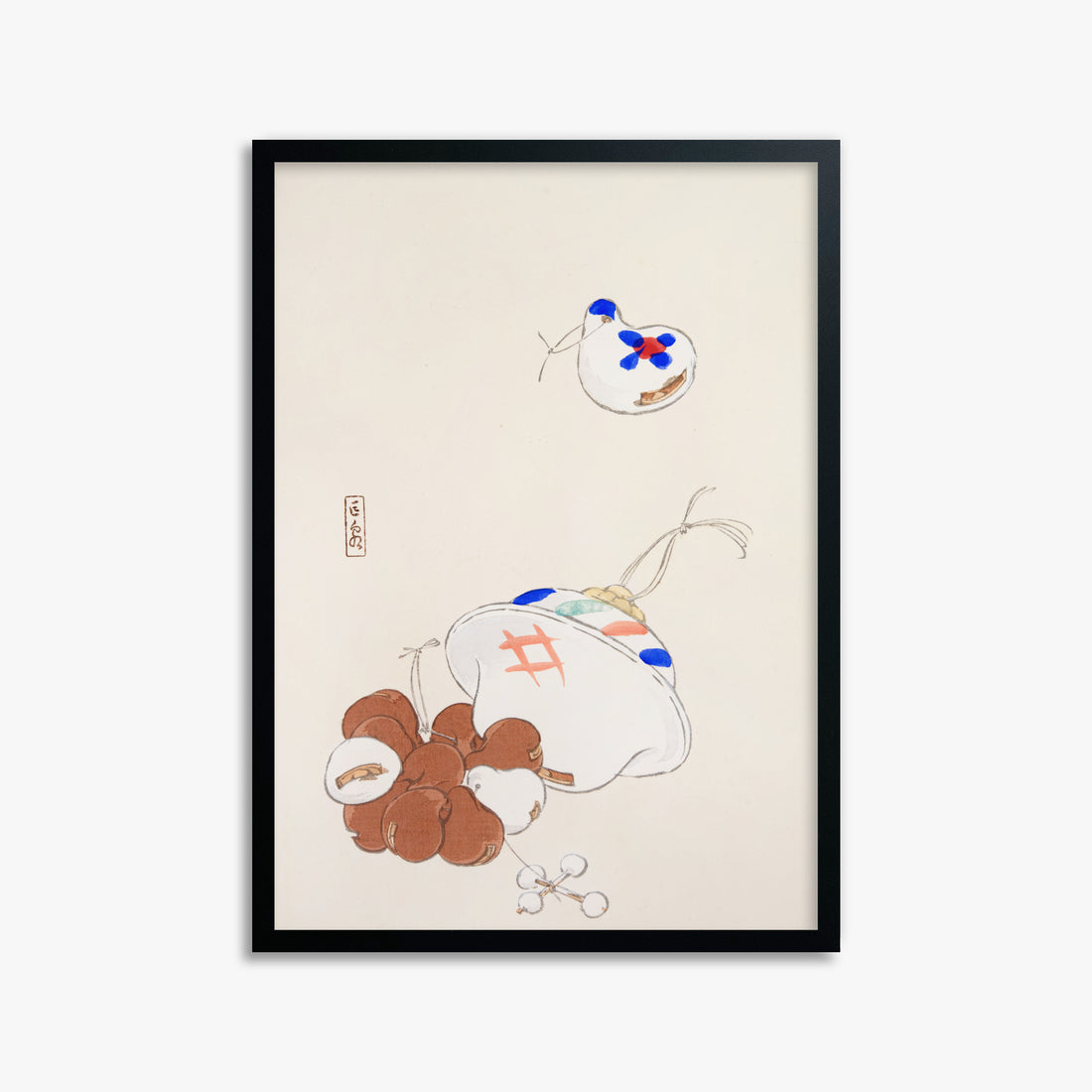 Kawasaki Kyosen: Kyosen’s Collected Illustrations of Japanese Toys Nr. 8 ("Zen Garden Treasures"), 50x70cm Framed Art Reproduction With Black Frame