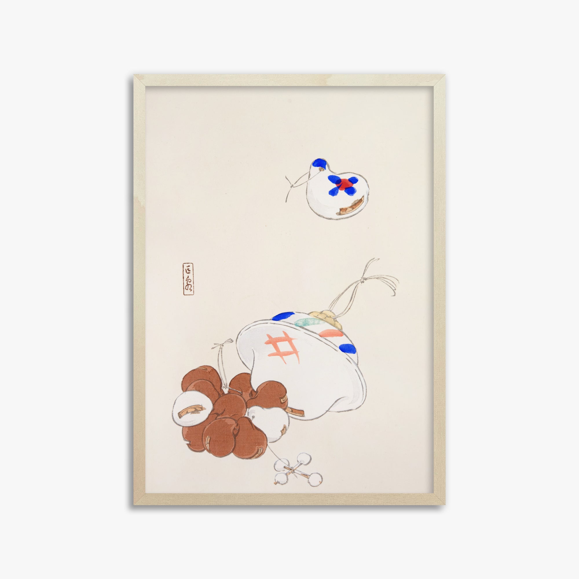 Kawasaki Kyosen: Kyosen’s Collected Illustrations of Japanese Toys Nr. 8 ("Zen Garden Treasures"), 50x70cm Framed Art Reproduction With Lime Wood Frame