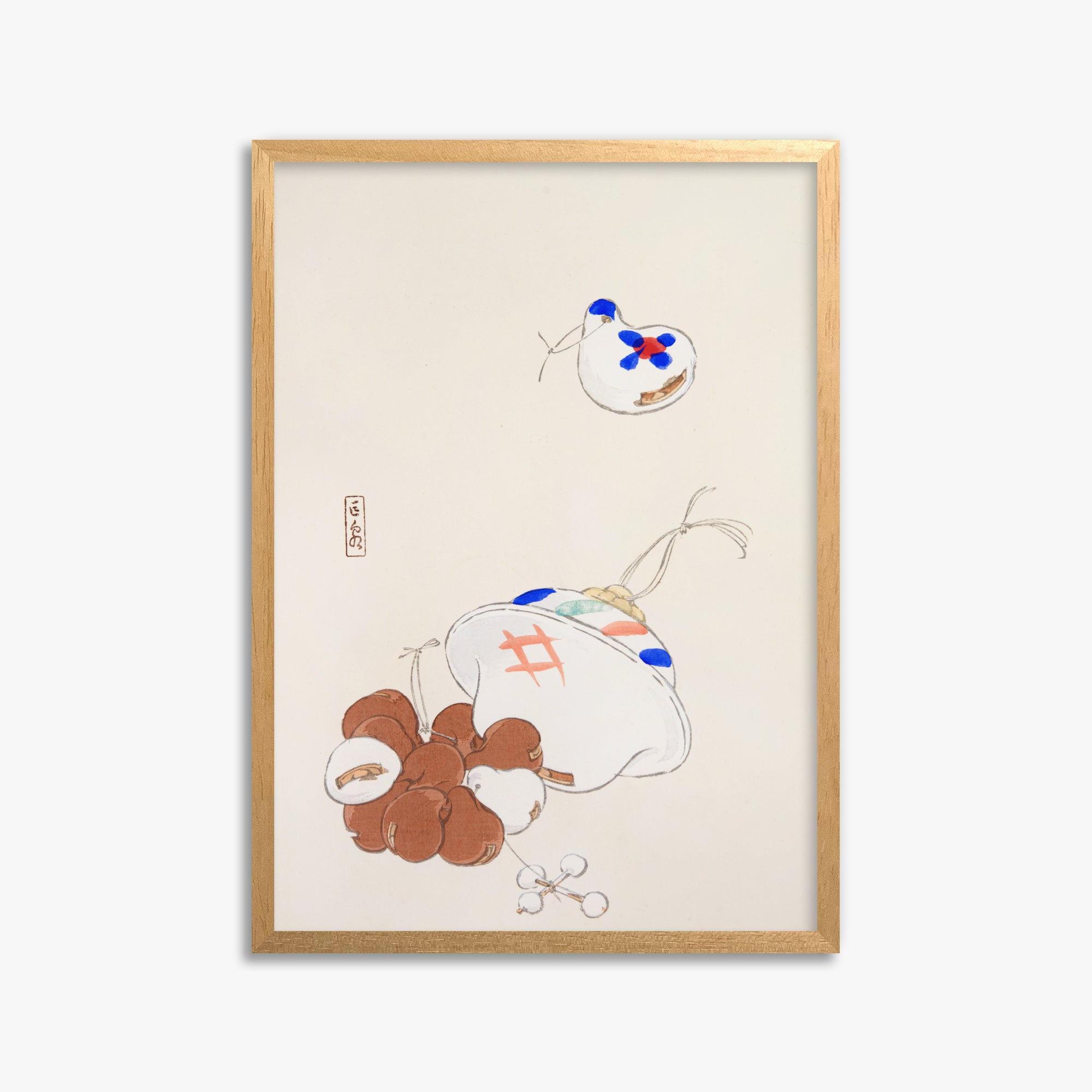 Kawasaki Kyosen: Kyosen’s Collected Illustrations of Japanese Toys Nr. 8 ("Zen Garden Treasures"), 50x70cm Framed Art Reproduction With Oak Frame