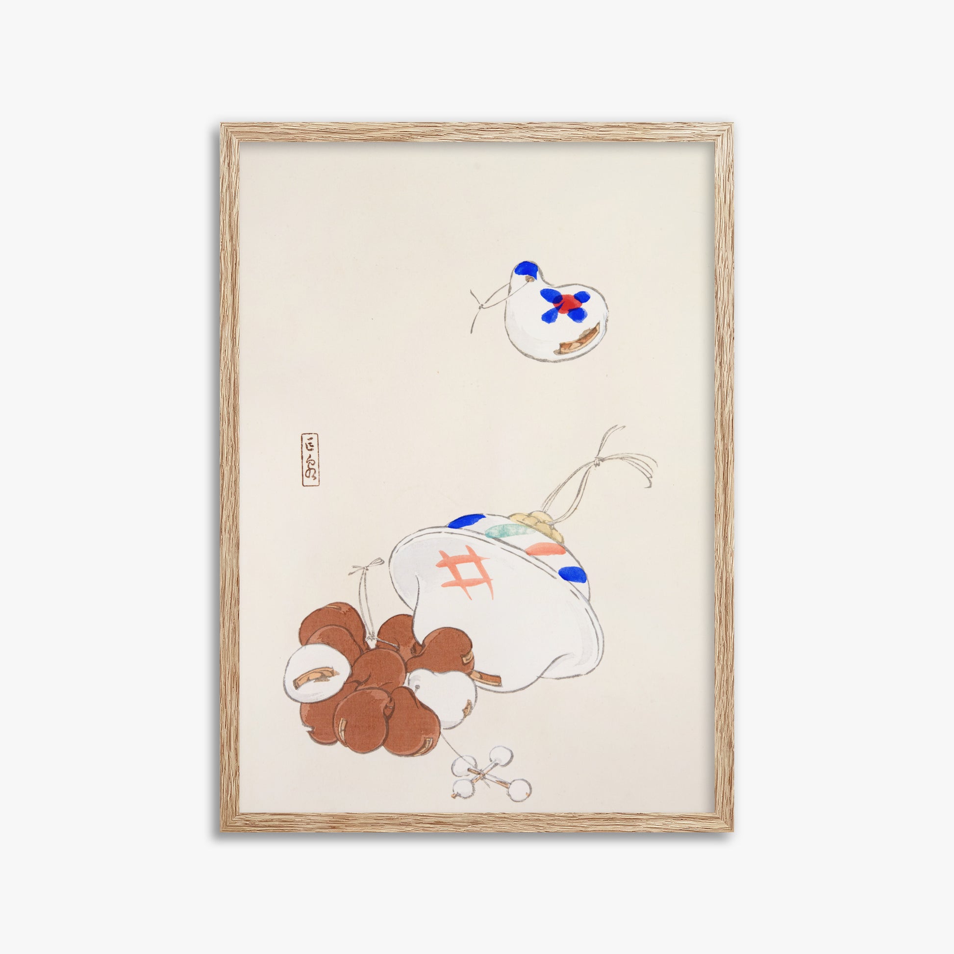 Kawasaki Kyosen: Kyosen’s Collected Illustrations of Japanese Toys Nr. 8 ("Zen Garden Treasures"), 50x70cm Framed Art Reproduction With Raw Oak Frame