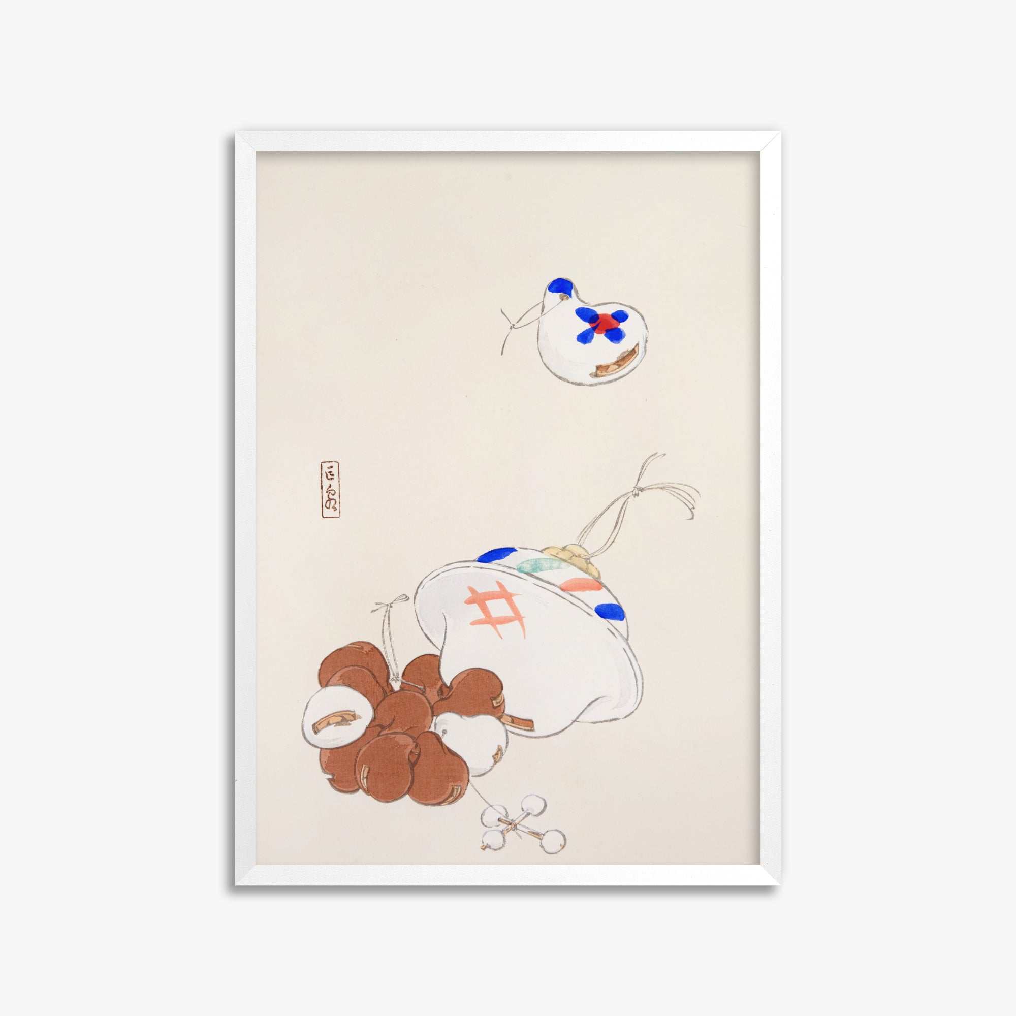 Kawasaki Kyosen: Kyosen’s Collected Illustrations of Japanese Toys Nr. 8 ("Zen Garden Treasures"), 50x70cm Framed Art Reproduction With White Frame