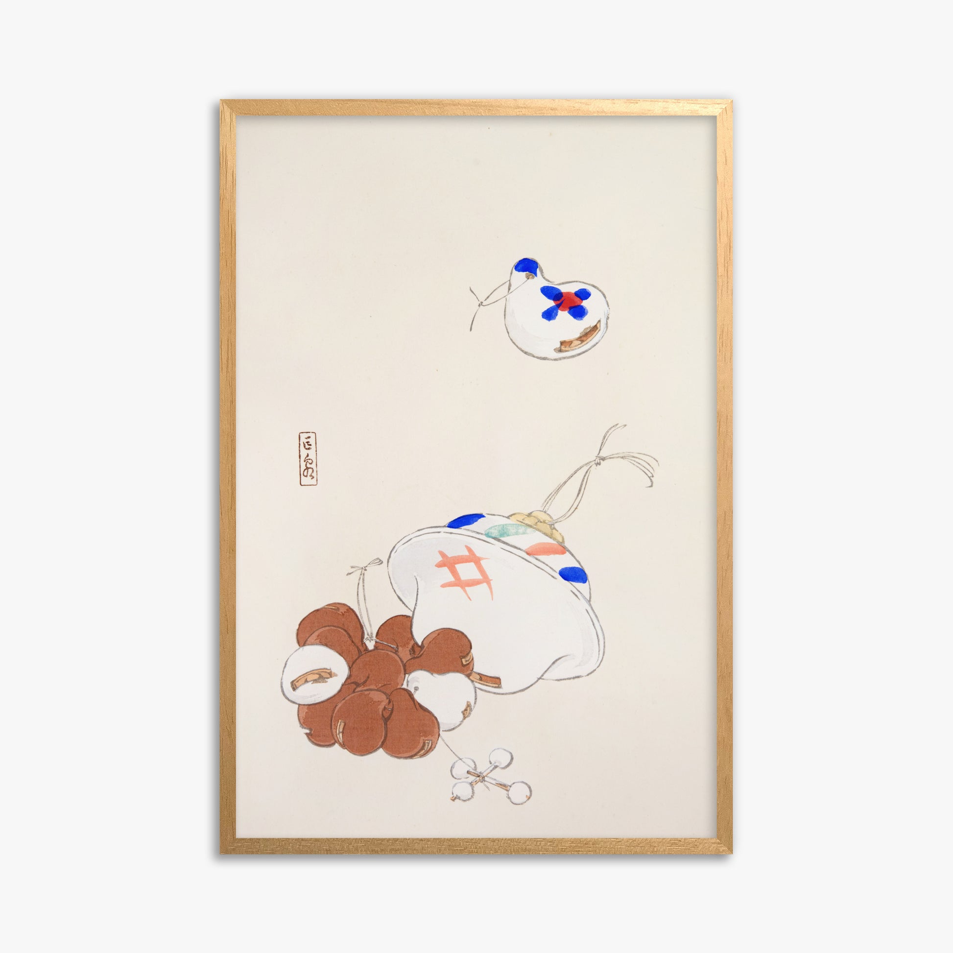 Kawasaki Kyosen: Kyosen’s Collected Illustrations of Japanese Toys Nr. 8 ("Zen Garden Treasures"), 61x91cm Framed Art Reproduction With Oak Frame