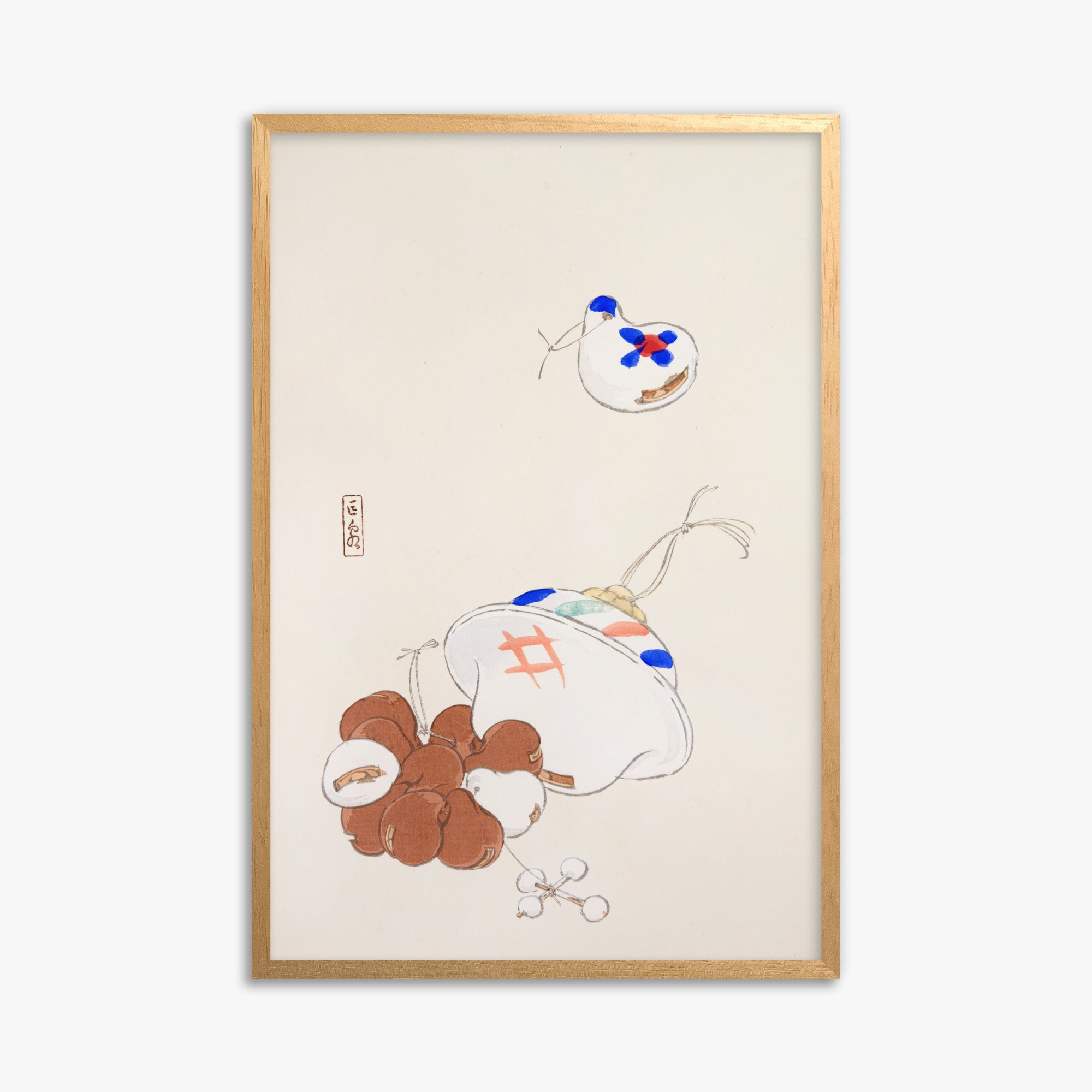 Kawasaki Kyosen: Kyosen’s Collected Illustrations of Japanese Toys Nr. 8 ("Zen Garden Treasures"), 61x91cm Framed Art Reproduction With Oak Frame