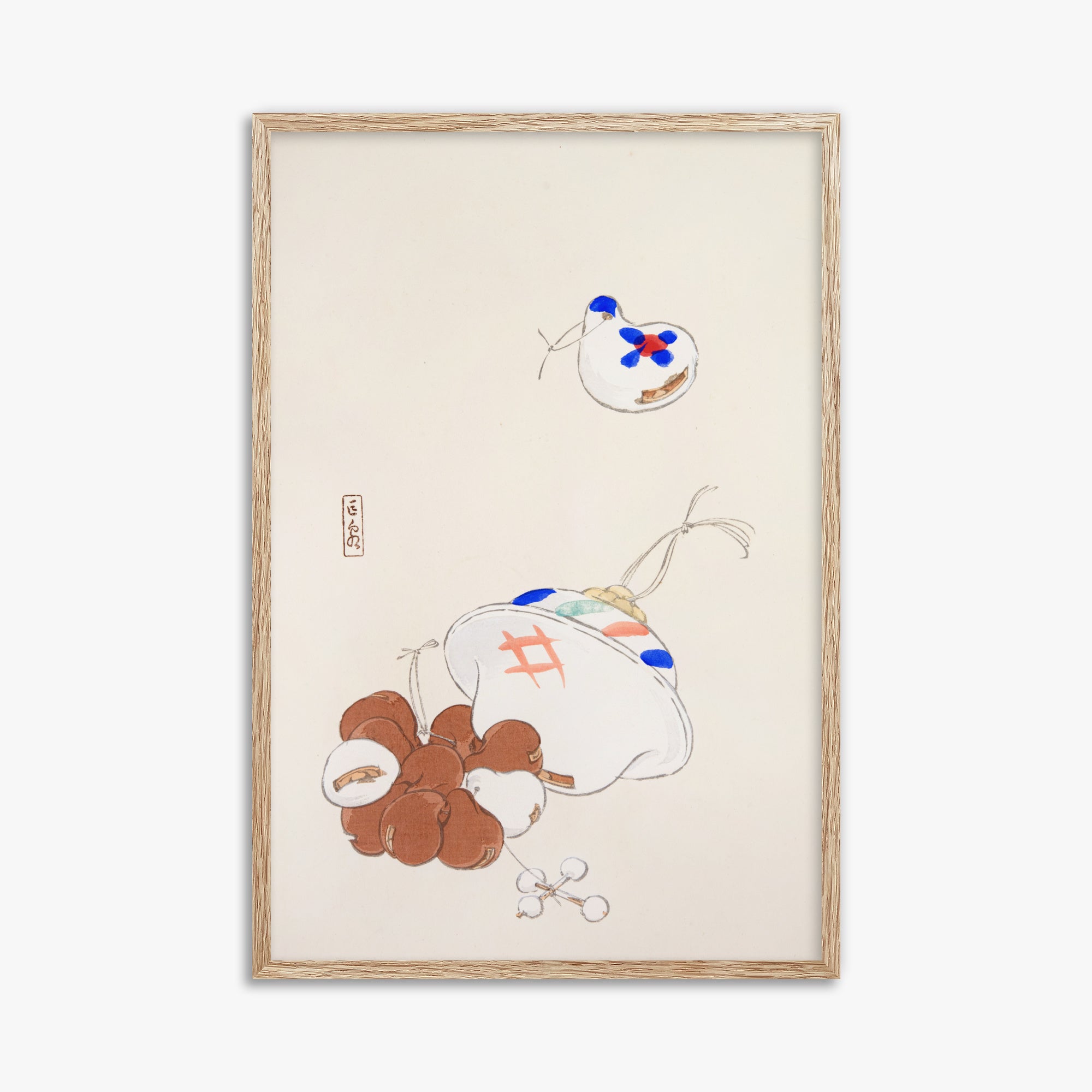 Kawasaki Kyosen: Kyosen’s Collected Illustrations of Japanese Toys Nr. 8 ("Zen Garden Treasures"), 61x91cm Framed Art Reproduction With Raw Oak Frame