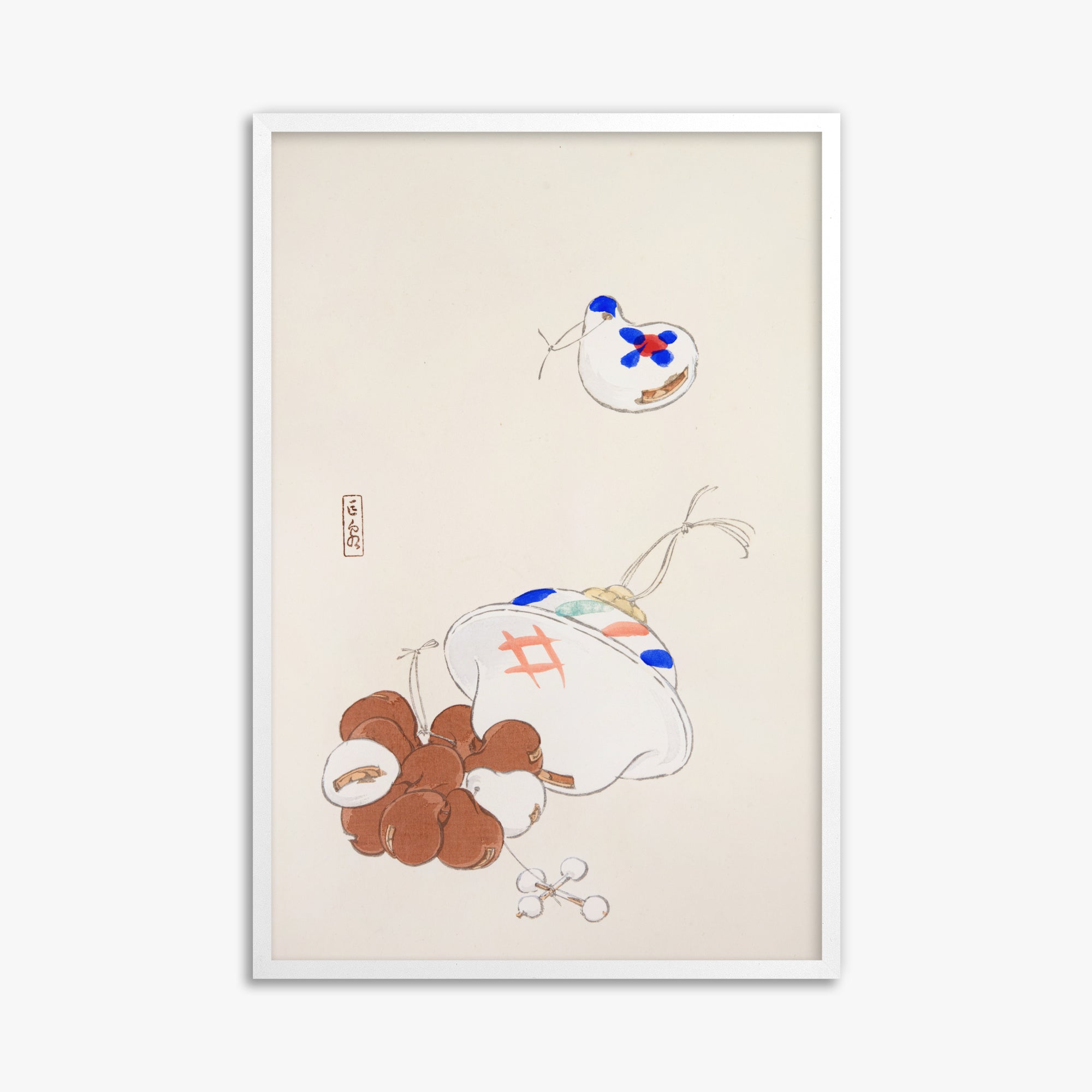 Kawasaki Kyosen: Kyosen’s Collected Illustrations of Japanese Toys Nr. 8 ("Zen Garden Treasures"), 61x91cm Framed Art Reproduction With White Frame