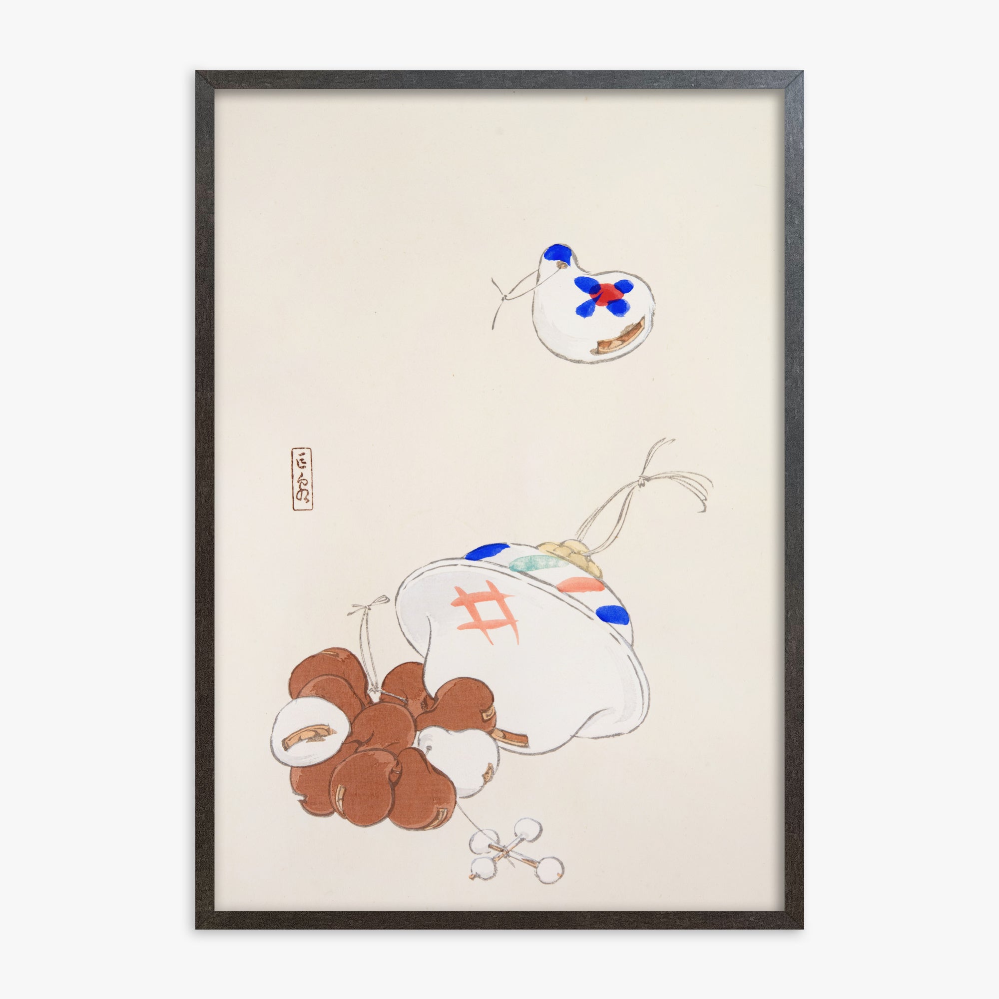 Kawasaki Kyosen: Kyosen’s Collected Illustrations of Japanese Toys Nr. 8 ("Zen Garden Treasures"), 70x100cm Framed Art Reproduction With Espresso Frame