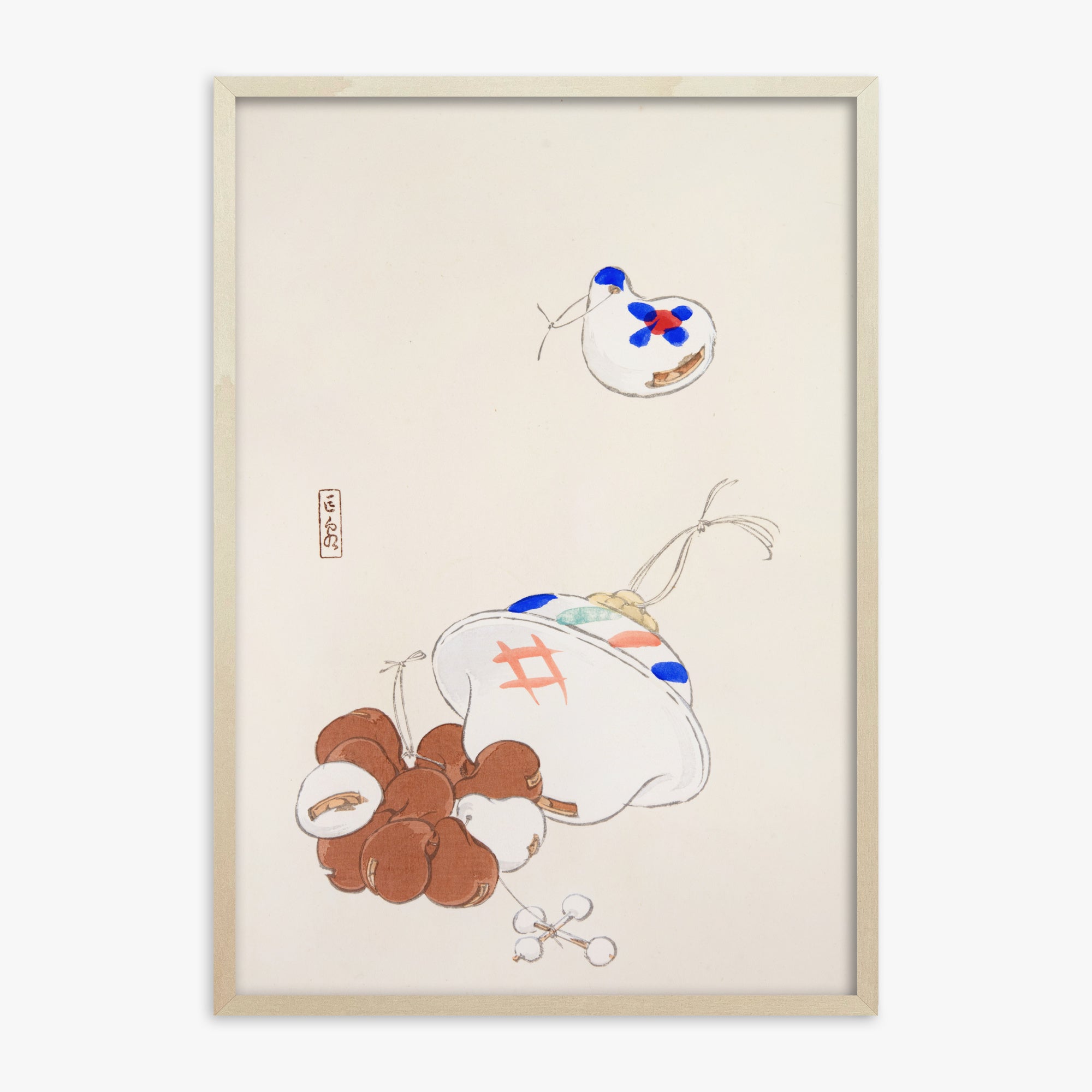 Kawasaki Kyosen: Kyosen’s Collected Illustrations of Japanese Toys Nr. 8 ("Zen Garden Treasures"), 70x100cm Framed Art Reproduction With Lime Wood Frame