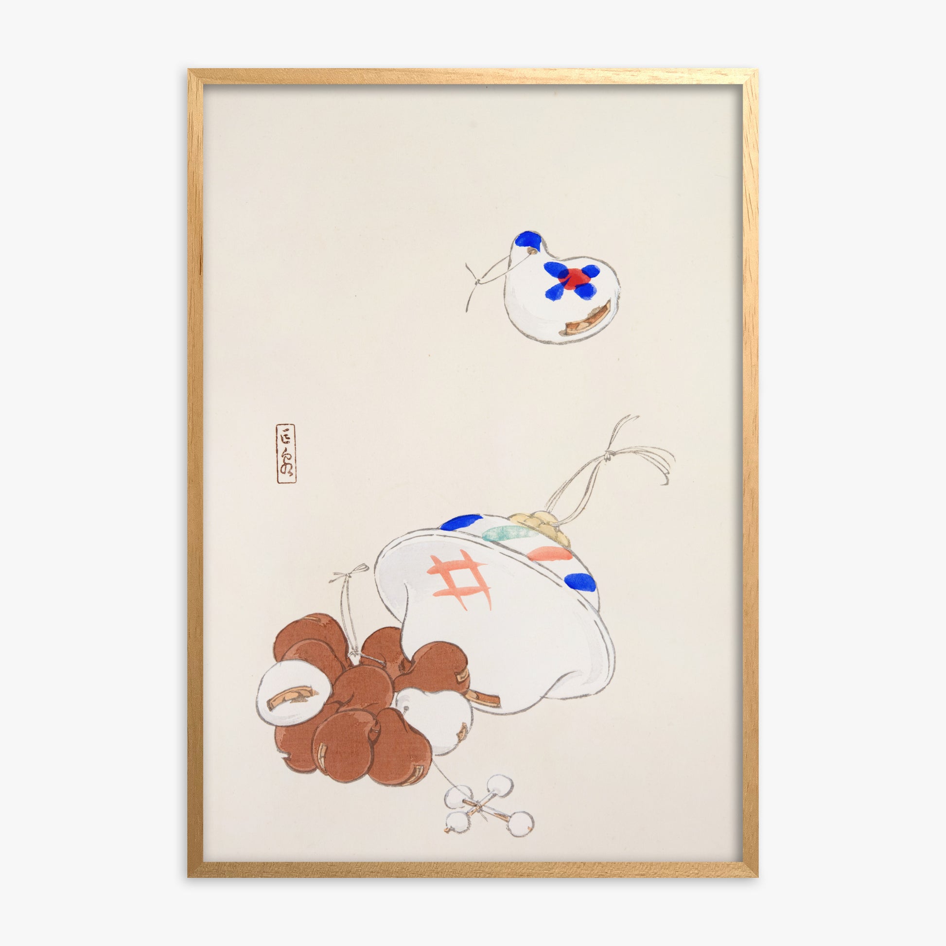 Kawasaki Kyosen: Kyosen’s Collected Illustrations of Japanese Toys Nr. 8 ("Zen Garden Treasures"), Oak Framed Art Reproduction With Oak Frame