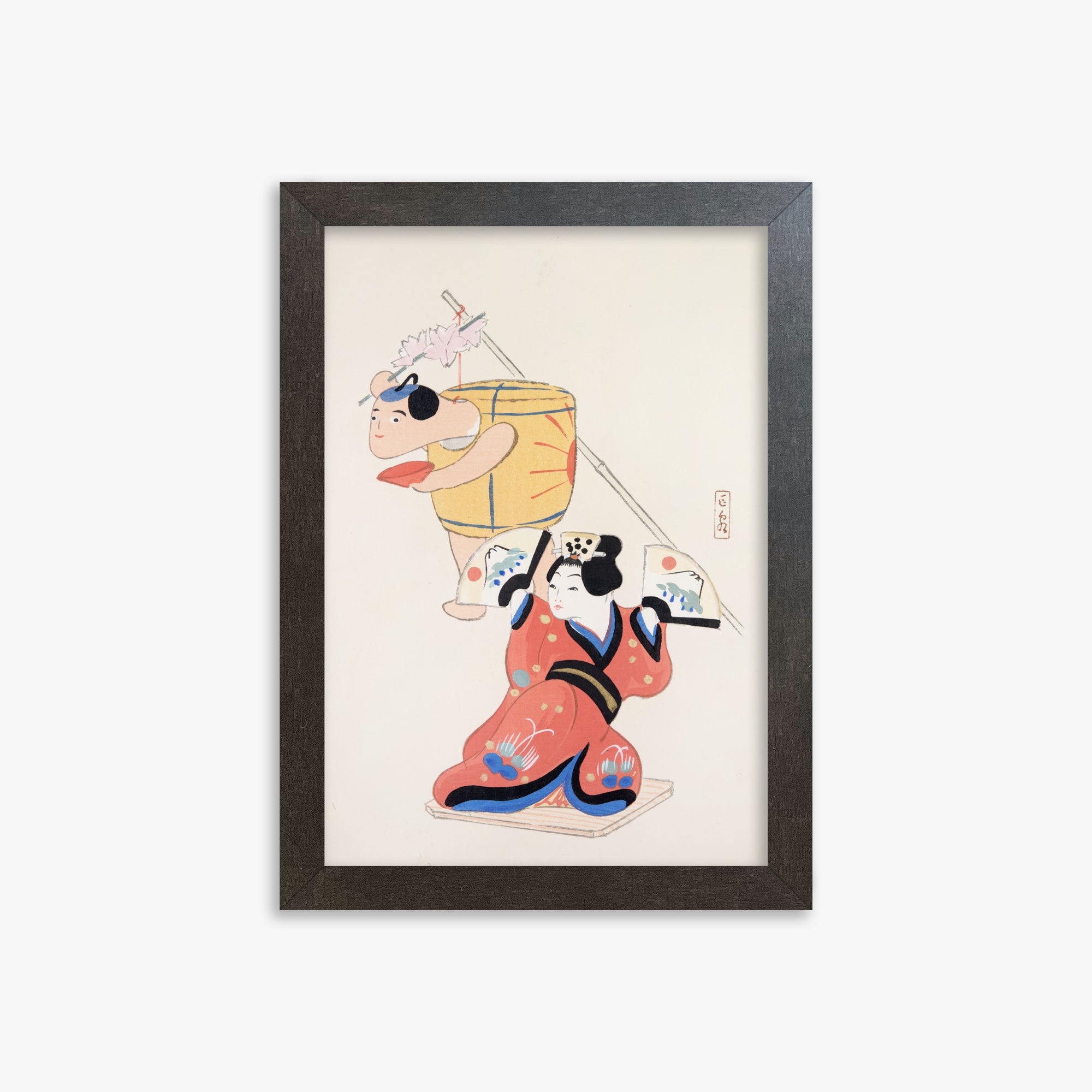 Kawasaki Kyosen: Kyosen’s Collected Illustrations of Japanese Toys Nr. 10 ("Festival Dancers"), 21x30cm Framed Art Reproduction With Espresso Frame