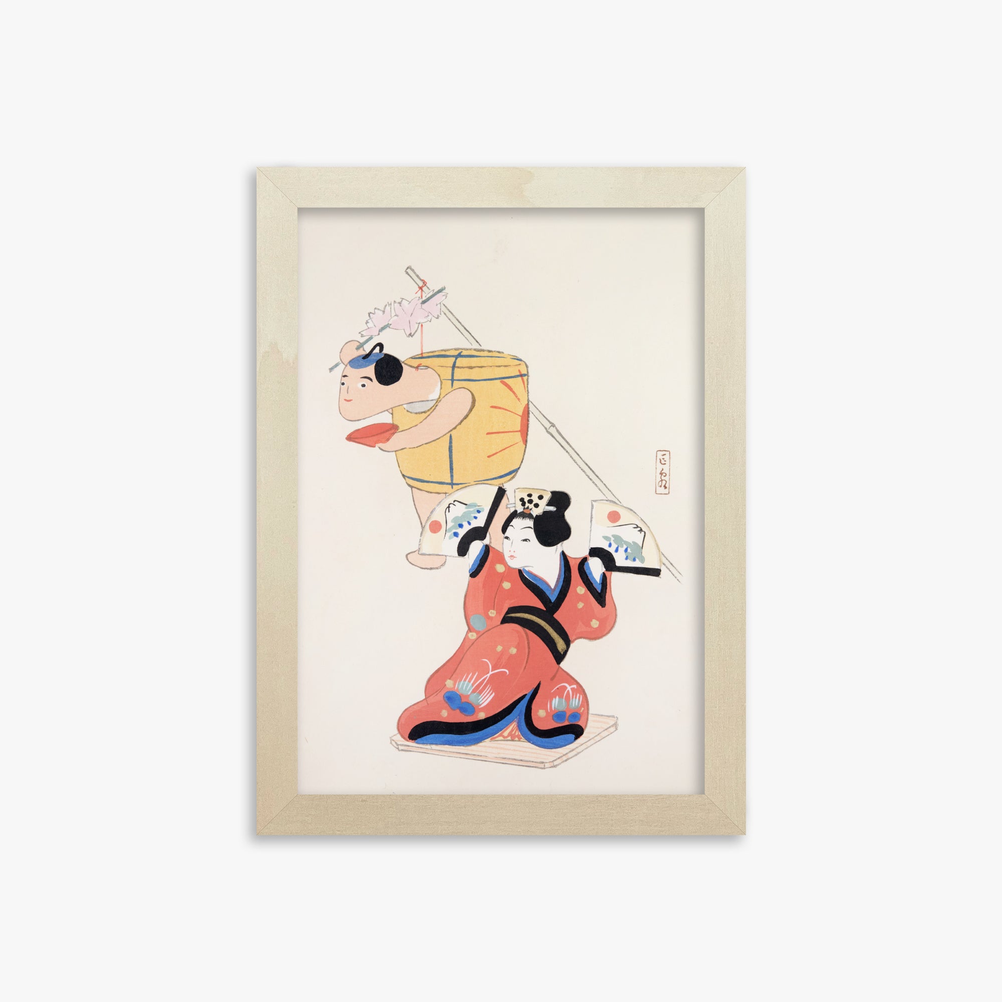 Kawasaki Kyosen: Kyosen’s Collected Illustrations of Japanese Toys Nr. 10 ("Festival Dancers"), 21x30cm Framed Art Reproduction With Lime Wood Frame