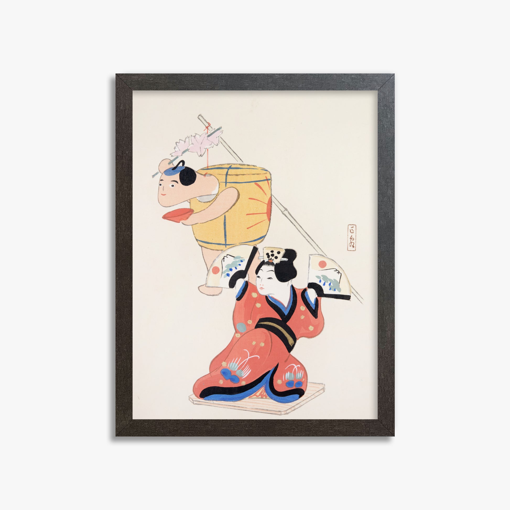 Kawasaki Kyosen: Kyosen’s Collected Illustrations of Japanese Toys Nr. 10 ("Festival Dancers"), 30x40cm Framed Art Reproduction With Espresso Frame