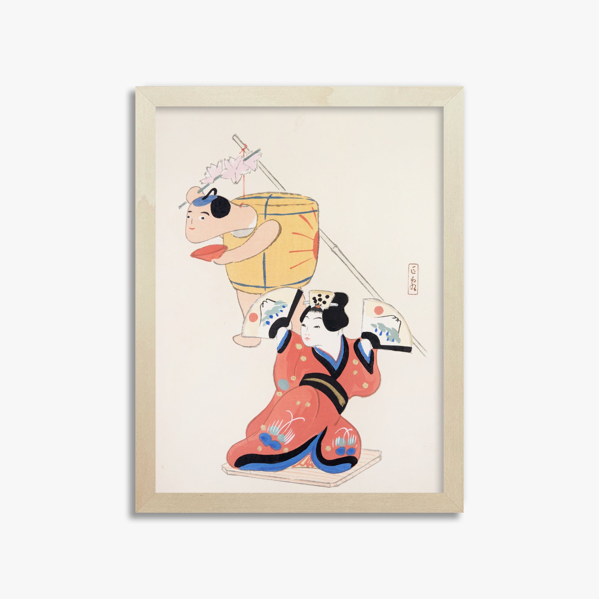Kawasaki Kyosen: Kyosen’s Collected Illustrations of Japanese Toys Nr. 10 ("Festival Dancers"), 30x40cm Framed Art Reproduction With Lime Wood Frame