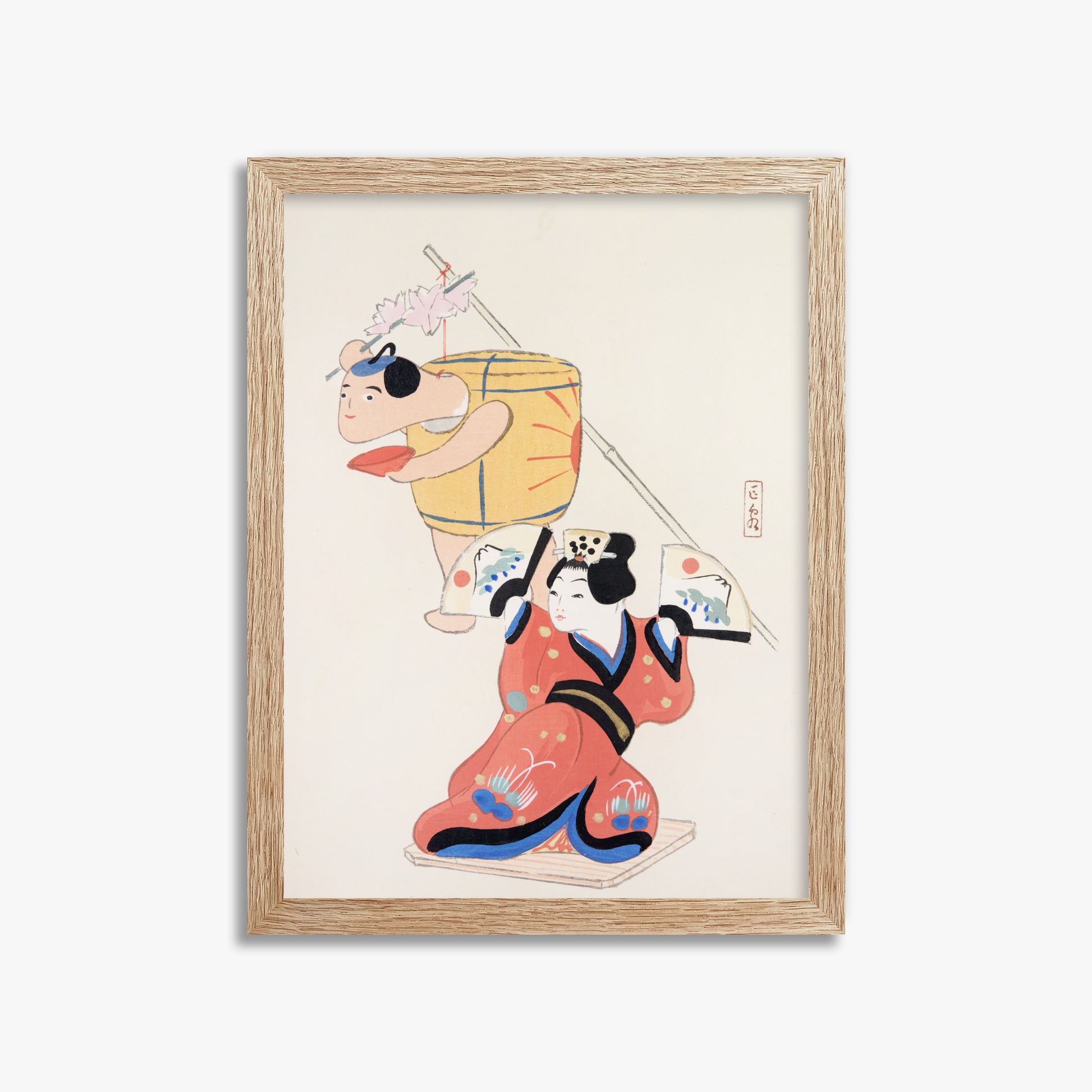 Kawasaki Kyosen: Kyosen’s Collected Illustrations of Japanese Toys Nr. 10 ("Festival Dancers"), 30x40cm Framed Art Reproduction With Raw Oak Frame