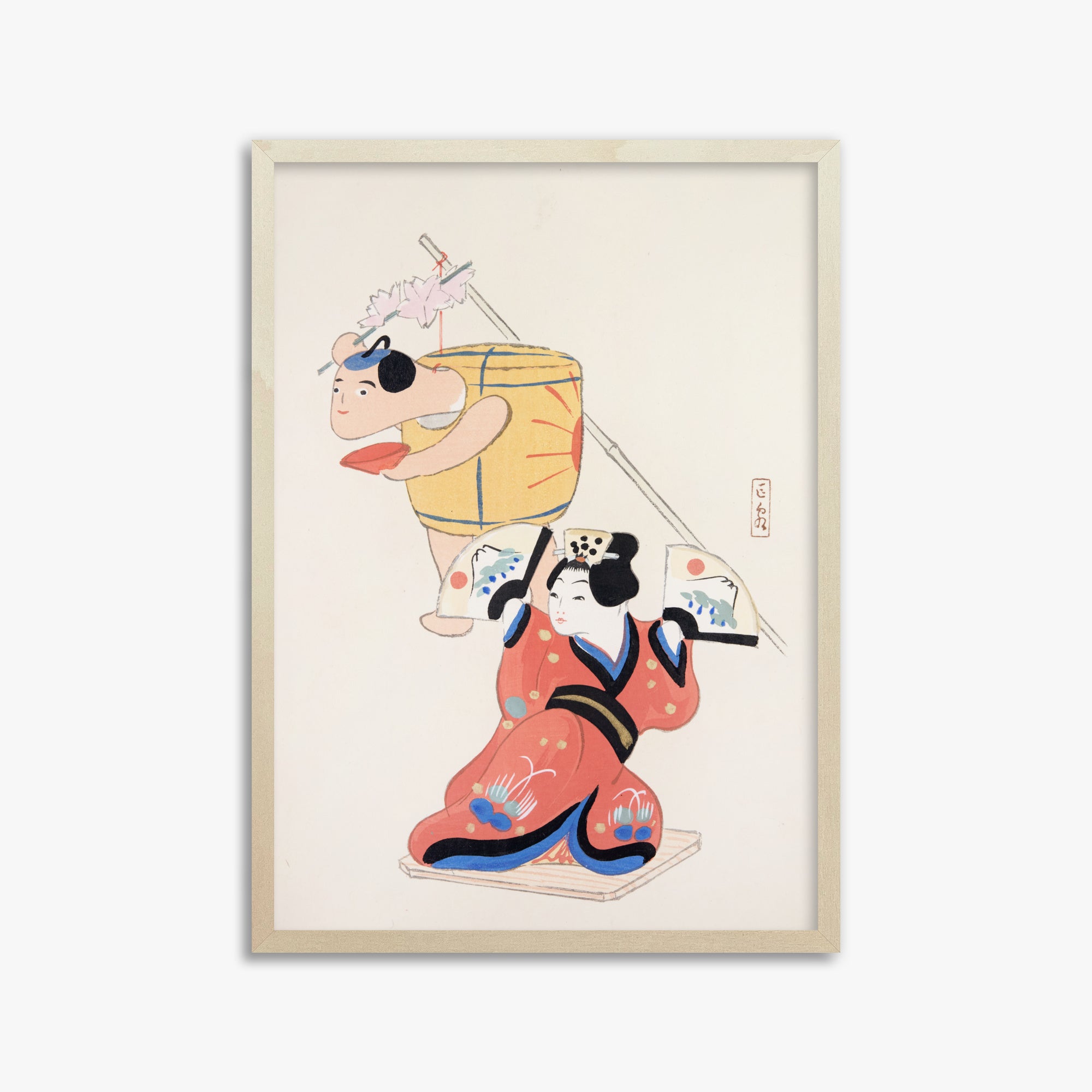 Kawasaki Kyosen: Kyosen’s Collected Illustrations of Japanese Toys Nr. 10 ("Festival Dancers"), 50x70cm Framed Art Reproduction With Lime Wood Frame