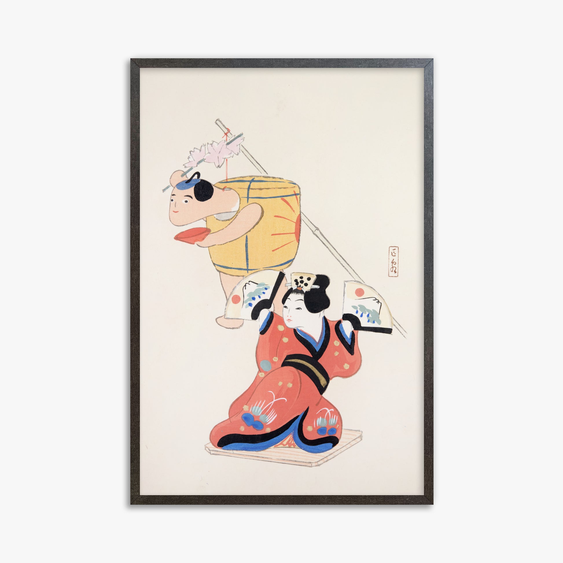 Kawasaki Kyosen: Kyosen’s Collected Illustrations of Japanese Toys Nr. 10 ("Festival Dancers"), 61x91cm Framed Art Reproduction With Espresso Frame