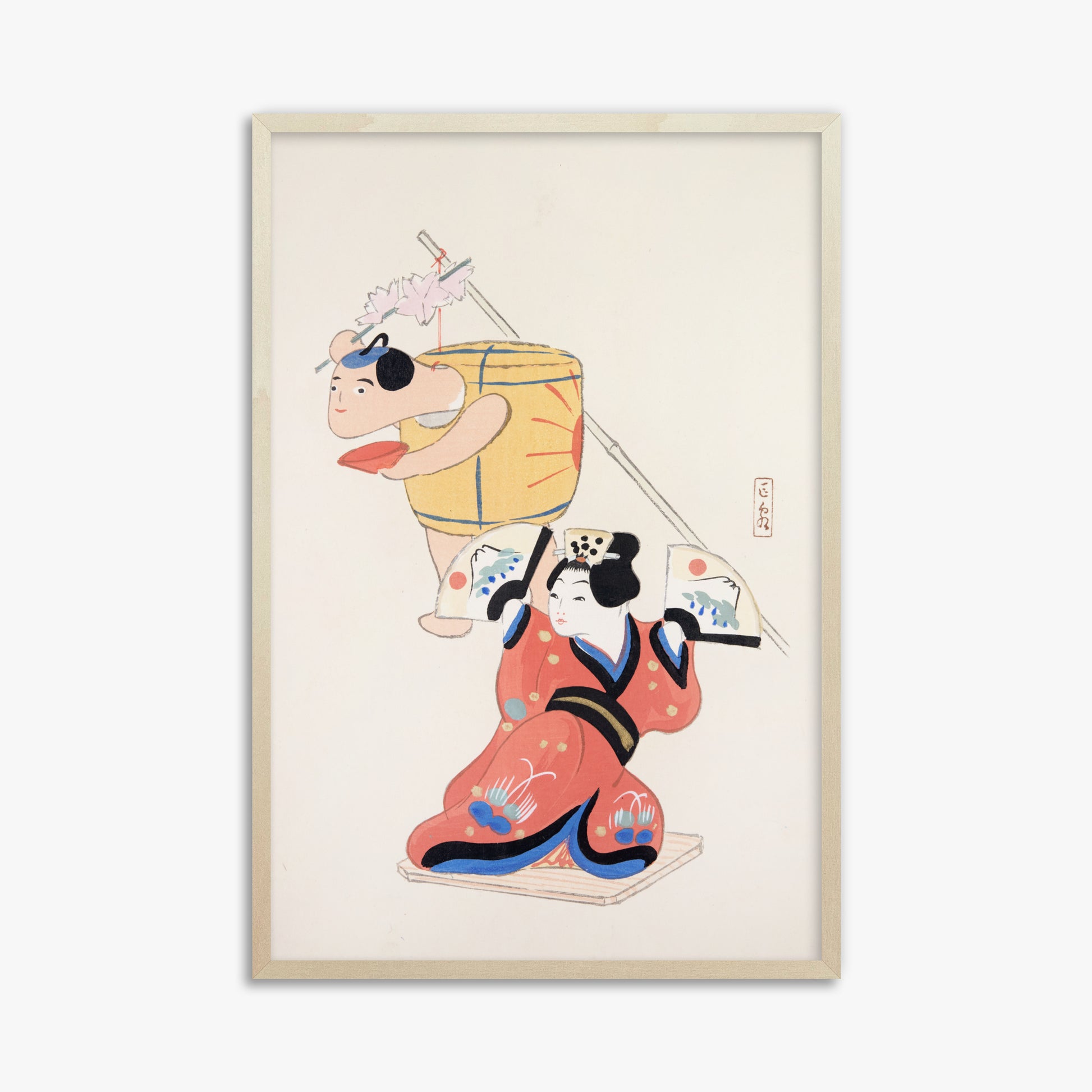 Kawasaki Kyosen: Kyosen’s Collected Illustrations of Japanese Toys Nr. 10 ("Festival Dancers"), 61x91cm Framed Art Reproduction With Lime Wood Frame