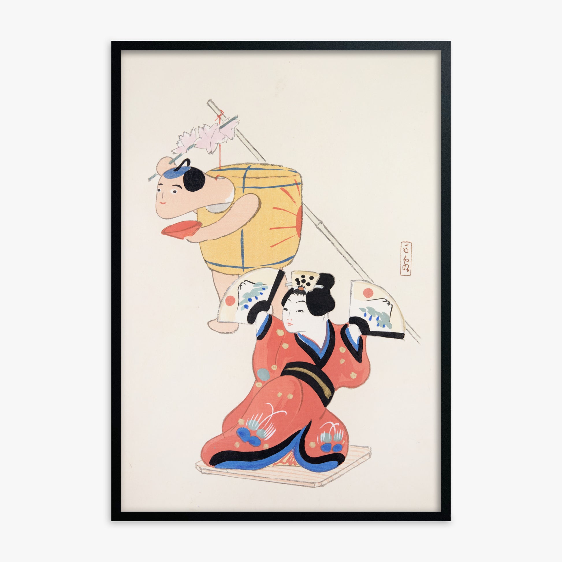 Kawasaki Kyosen: Kyosen’s Collected Illustrations of Japanese Toys Nr. 10 ("Festival Dancers"), Black Framed Art Reproduction With Black Frame