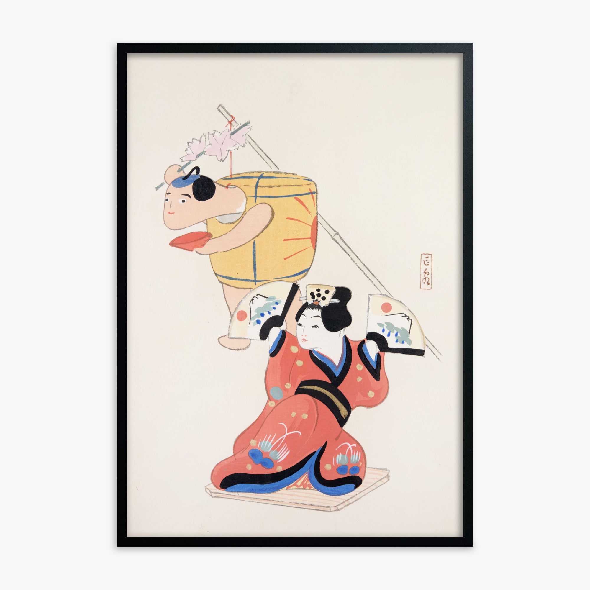 Kawasaki Kyosen: Kyosen’s Collected Illustrations of Japanese Toys Nr. 10 ("Festival Dancers"), Black Framed Art Reproduction With Black Frame