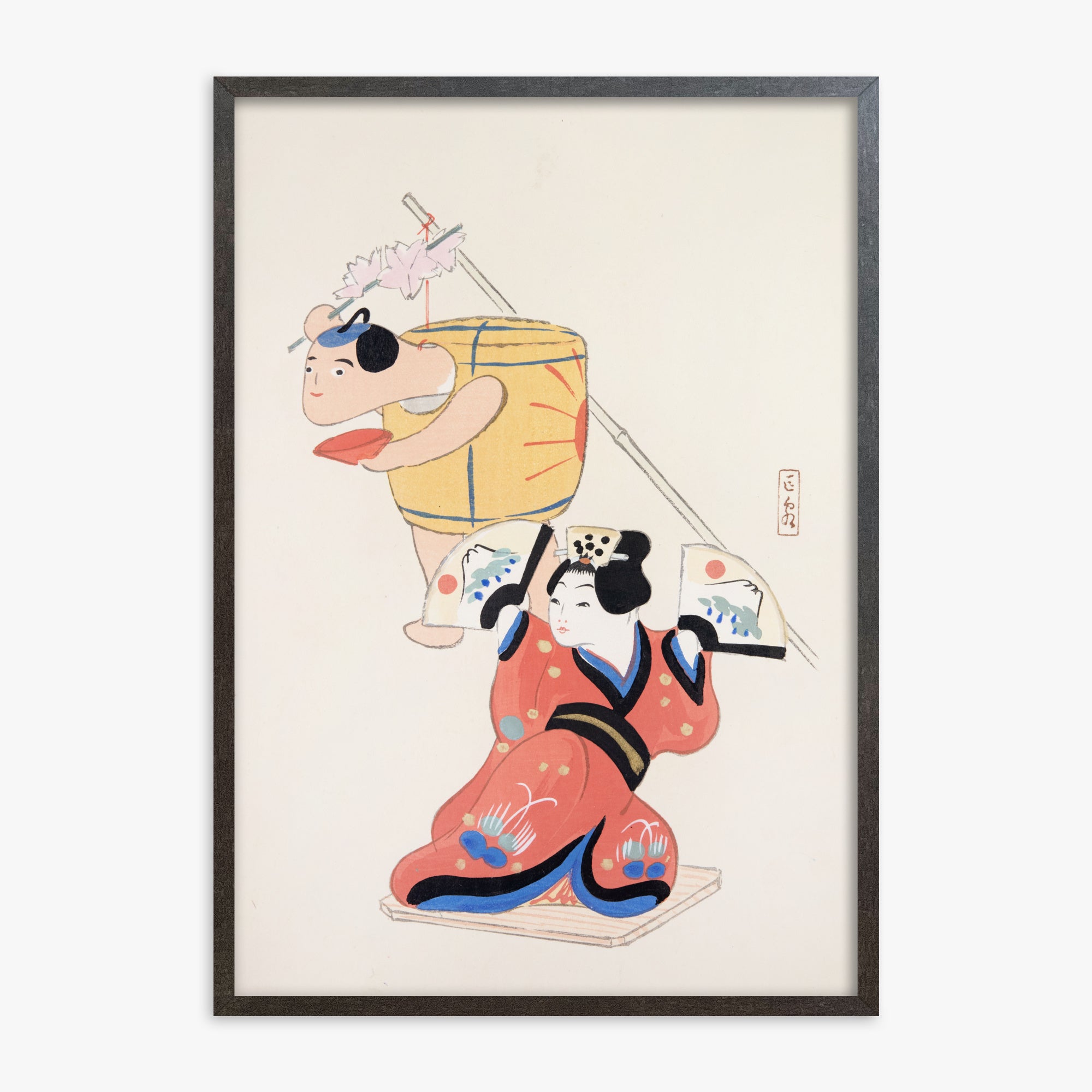 Kawasaki Kyosen: Kyosen’s Collected Illustrations of Japanese Toys Nr. 10 ("Festival Dancers"), 70x100cm Framed Art Reproduction With Espresso Frame