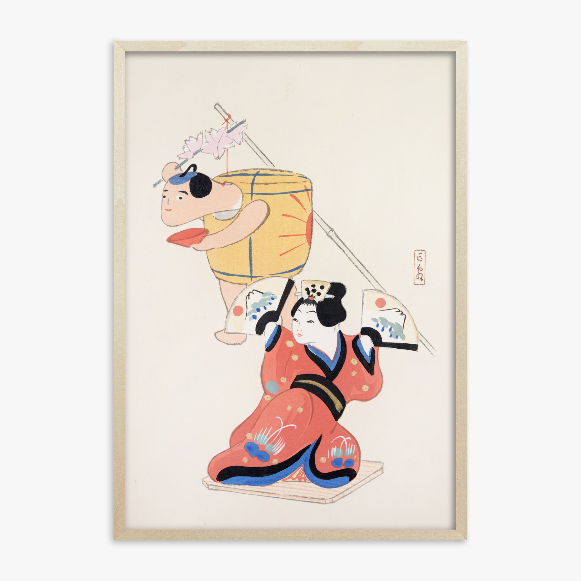 Kawasaki Kyosen: Kyosen’s Collected Illustrations of Japanese Toys Nr. 10 ("Festival Dancers"), 70x100cm Framed Art Reproduction With Lime Wood Frame