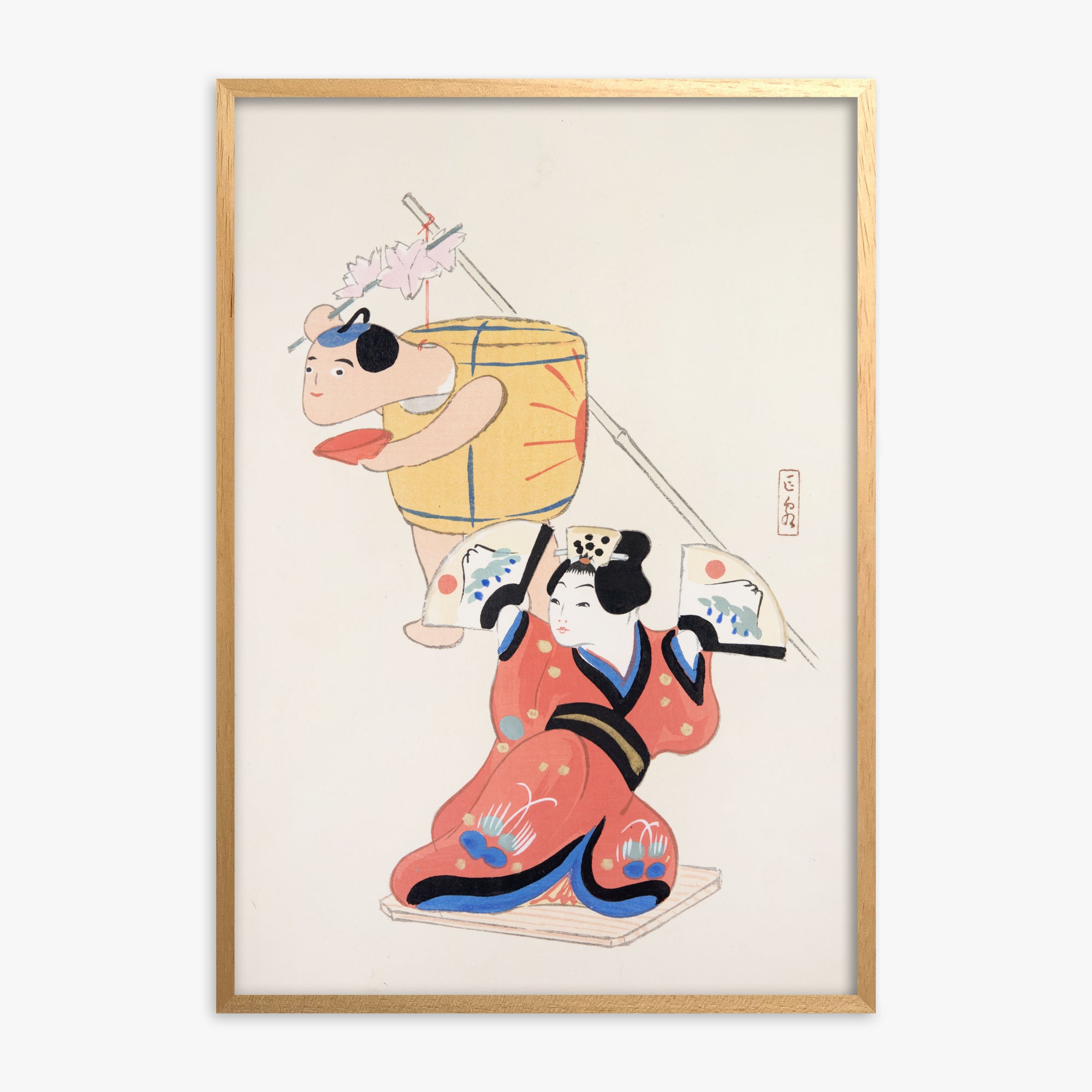Kawasaki Kyosen: Kyosen’s Collected Illustrations of Japanese Toys Nr. 10 ("Festival Dancers"), Oak Framed Art Reproduction With Oak Frame