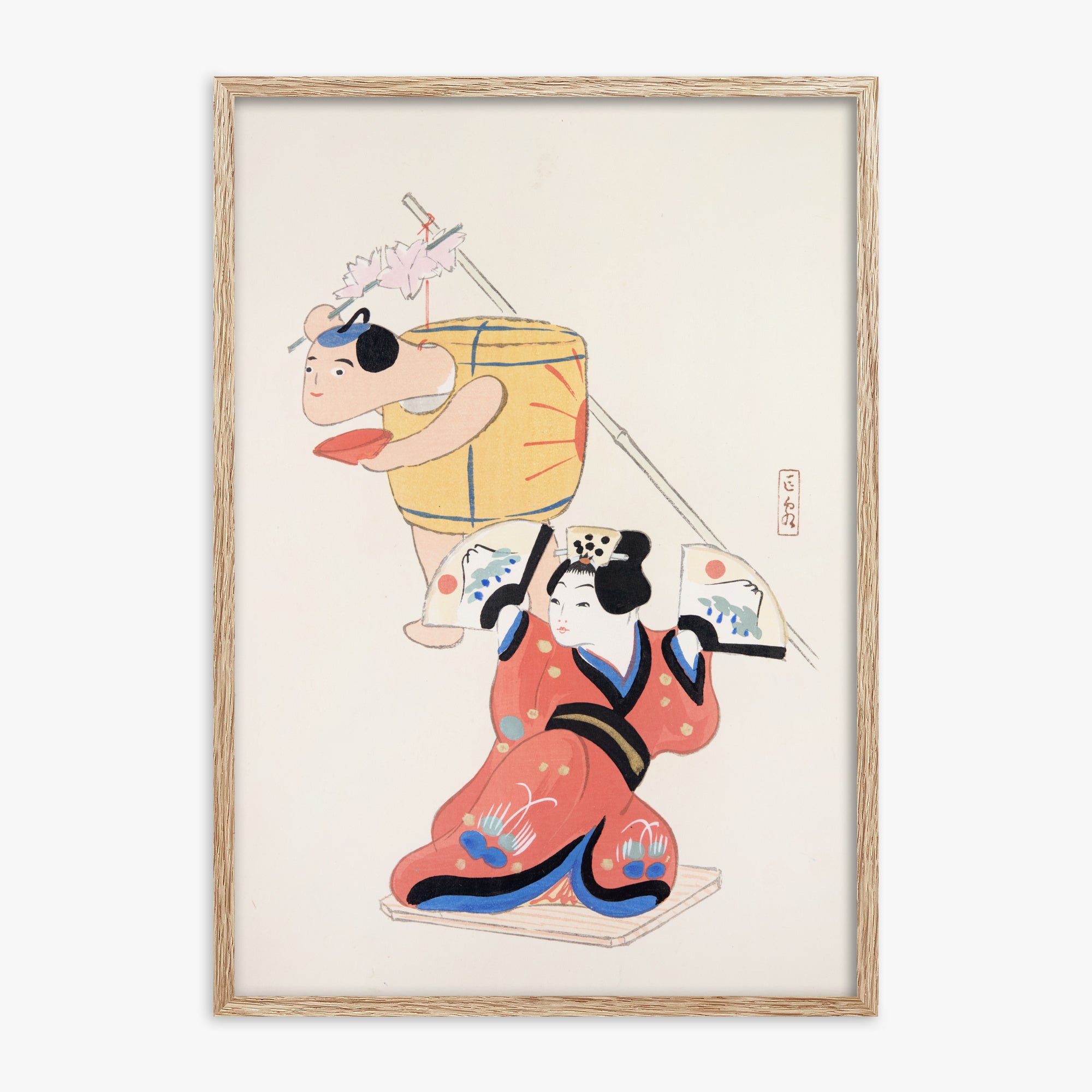 Kawasaki Kyosen: Kyosen’s Collected Illustrations of Japanese Toys Nr. 10 ("Festival Dancers"), 70x100cm Framed Art Reproduction With Raw Oak Frame