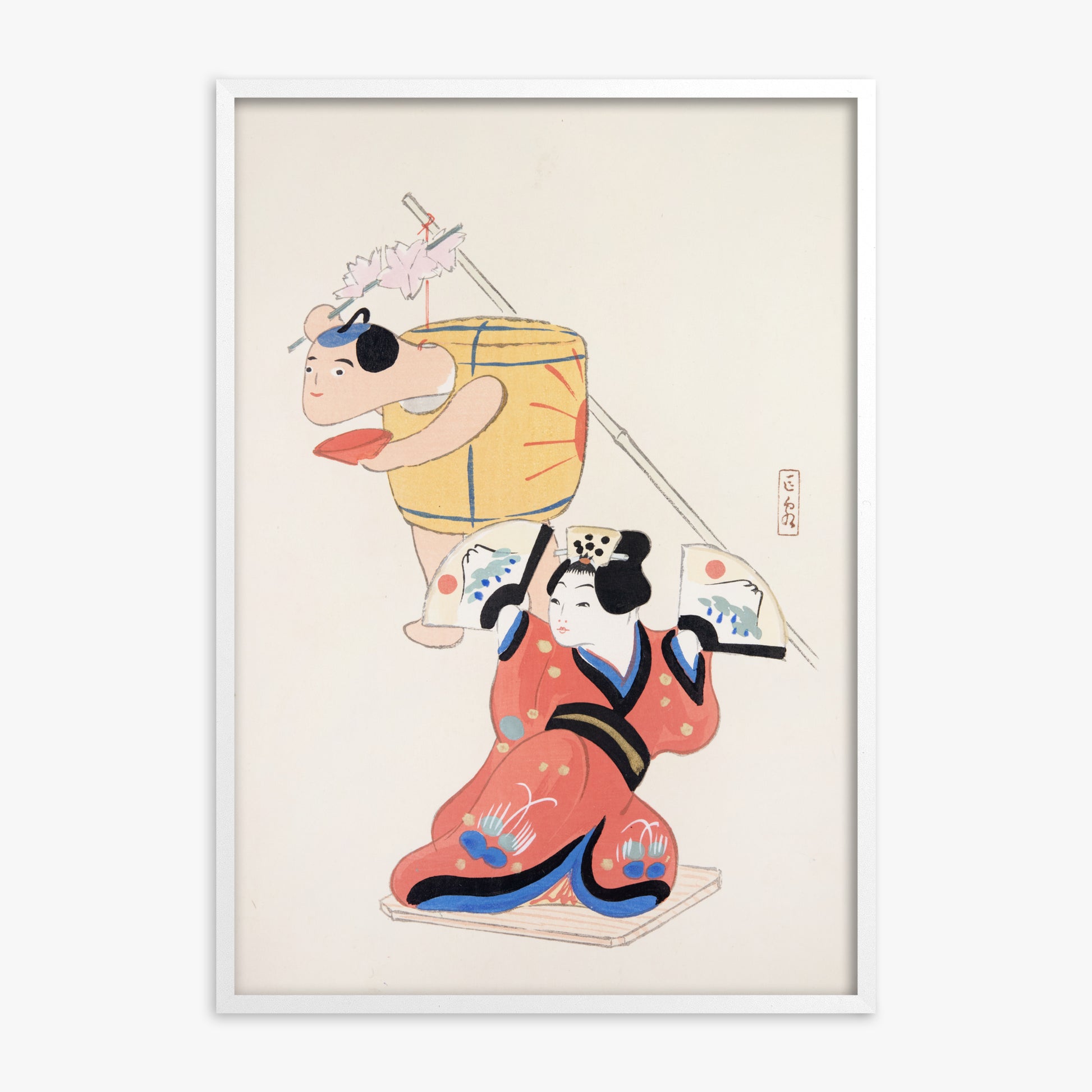 Kawasaki Kyosen: Kyosen’s Collected Illustrations of Japanese Toys Nr. 10 ("Festival Dancers"), White Framed Art Reproduction With White Frame