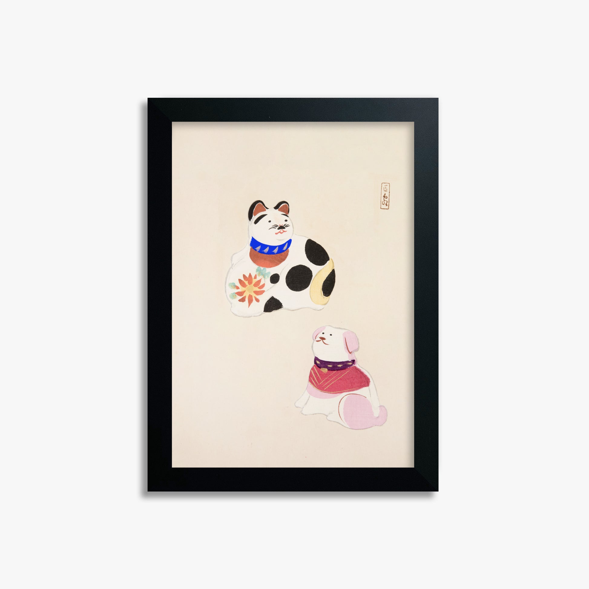 Kawasaki Kyosen: Kyosen’s Collected Illustrations of Japanese Toys Nr. 11 ("Lucky Friends"), 21x30cm Framed Art Reproduction With Black Frame