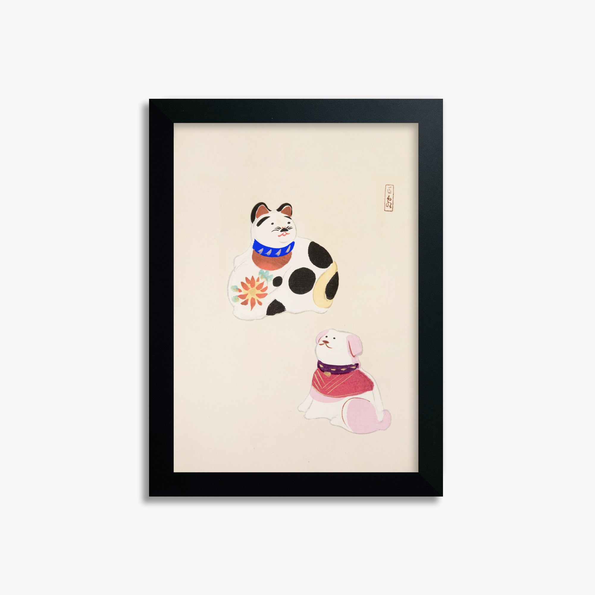 Kawasaki Kyosen: Kyosen’s Collected Illustrations of Japanese Toys Nr. 11 ("Lucky Friends"), 21x30cm Framed Art Reproduction With Black Frame