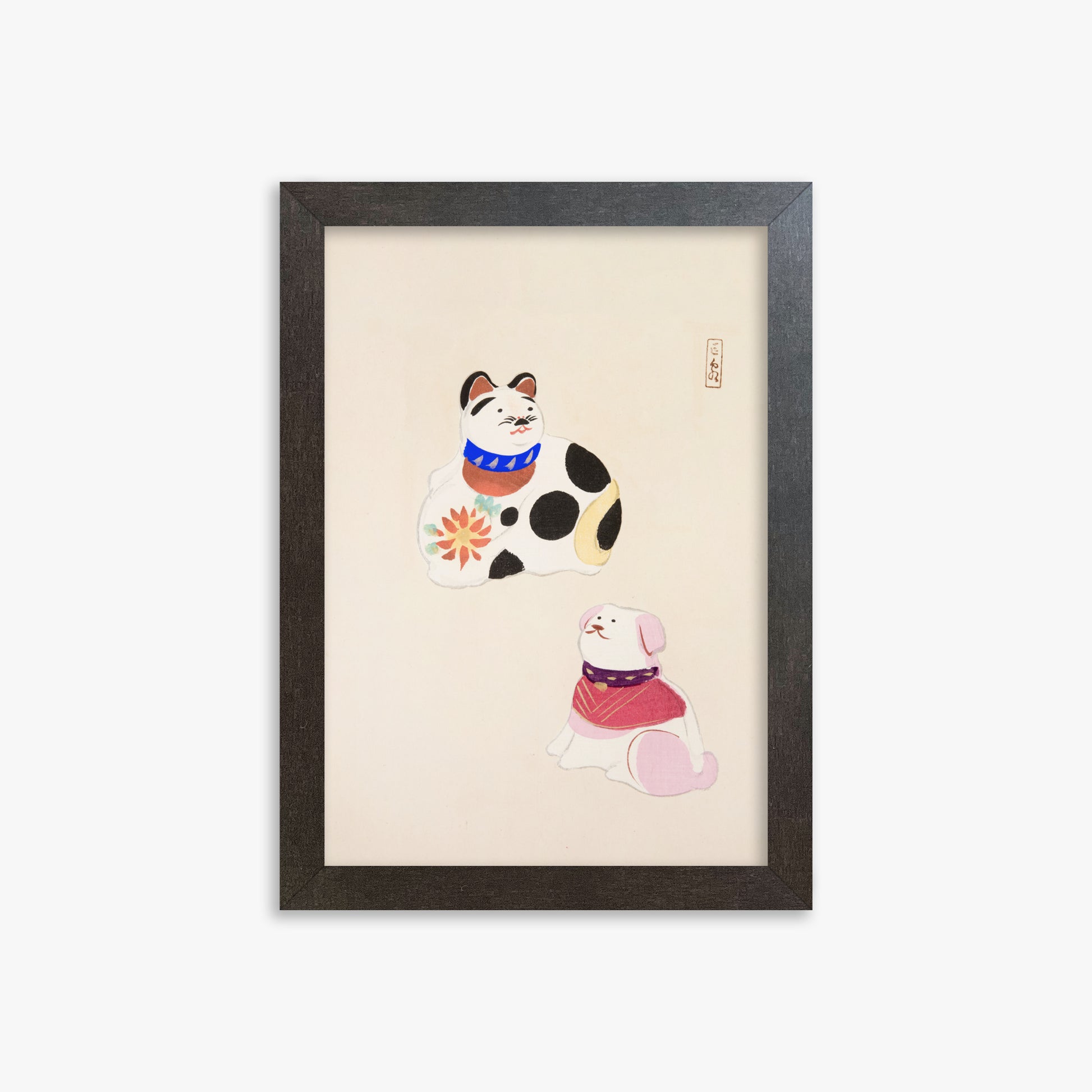Kawasaki Kyosen: Kyosen’s Collected Illustrations of Japanese Toys Nr. 11 ("Lucky Friends"), 21x30cm Framed Art Reproduction With Espresso Frame