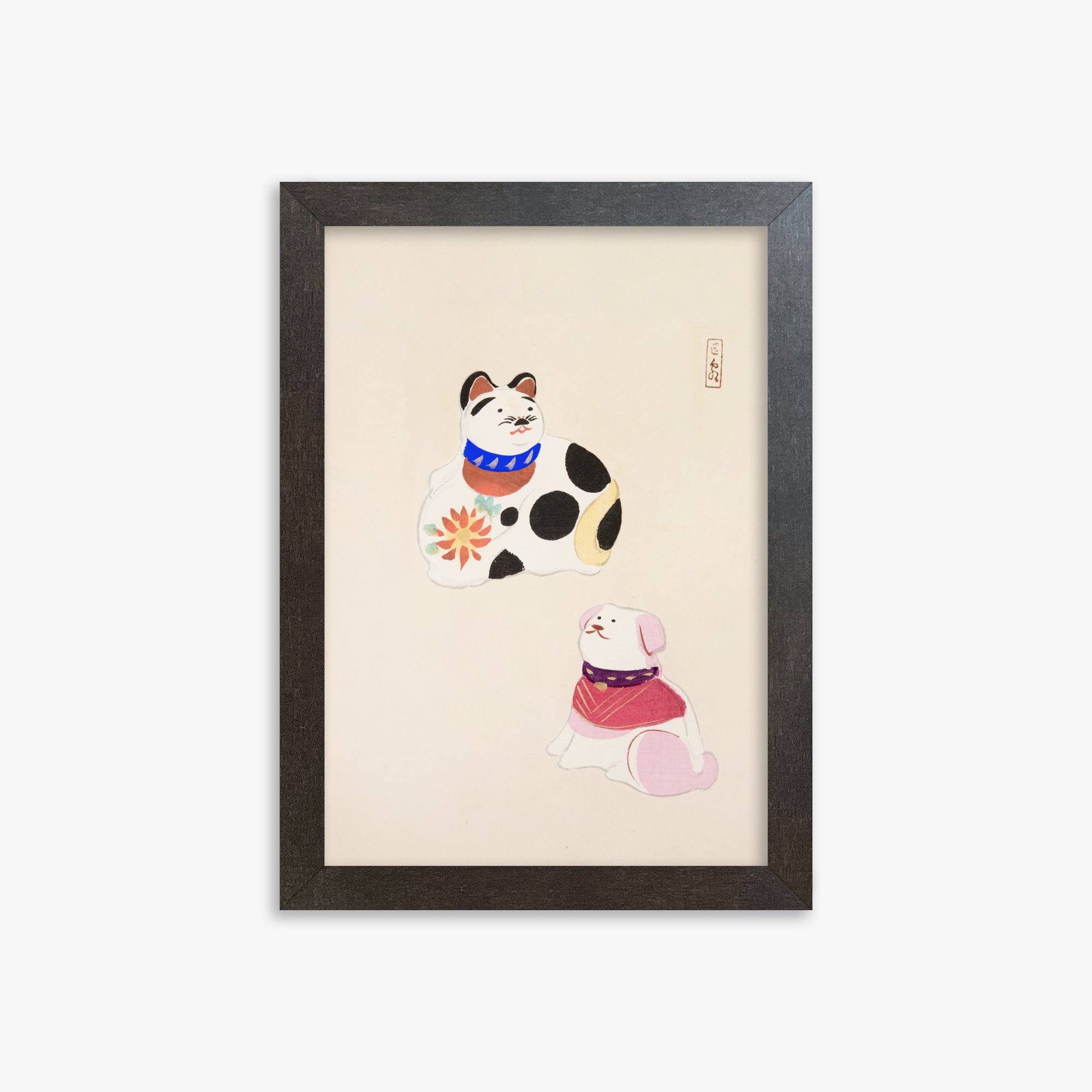 Kawasaki Kyosen: Kyosen’s Collected Illustrations of Japanese Toys Nr. 11 ("Lucky Friends"), 21x30cm Framed Art Reproduction With Espresso Frame