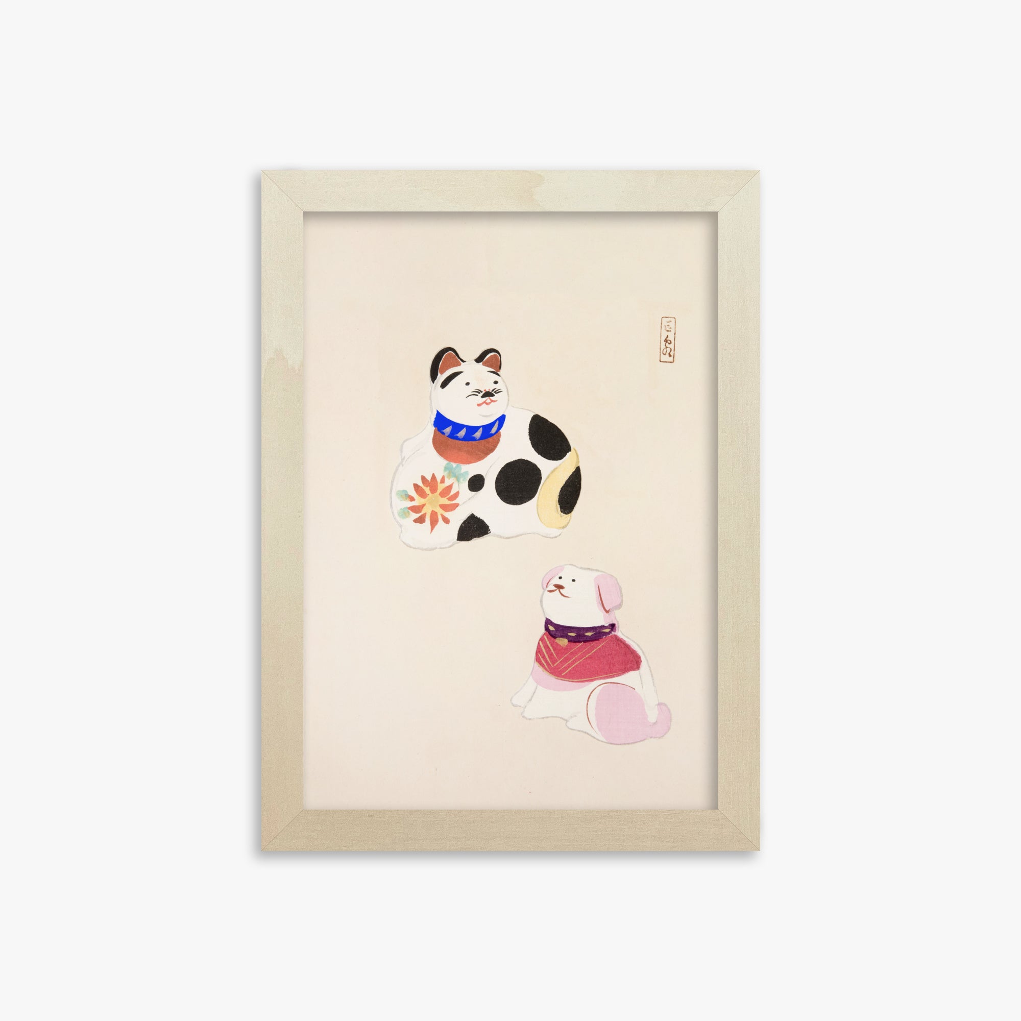 Kawasaki Kyosen: Kyosen’s Collected Illustrations of Japanese Toys Nr. 11 ("Lucky Friends"), 21x30cm Framed Art Reproduction With Lime Wood Frame