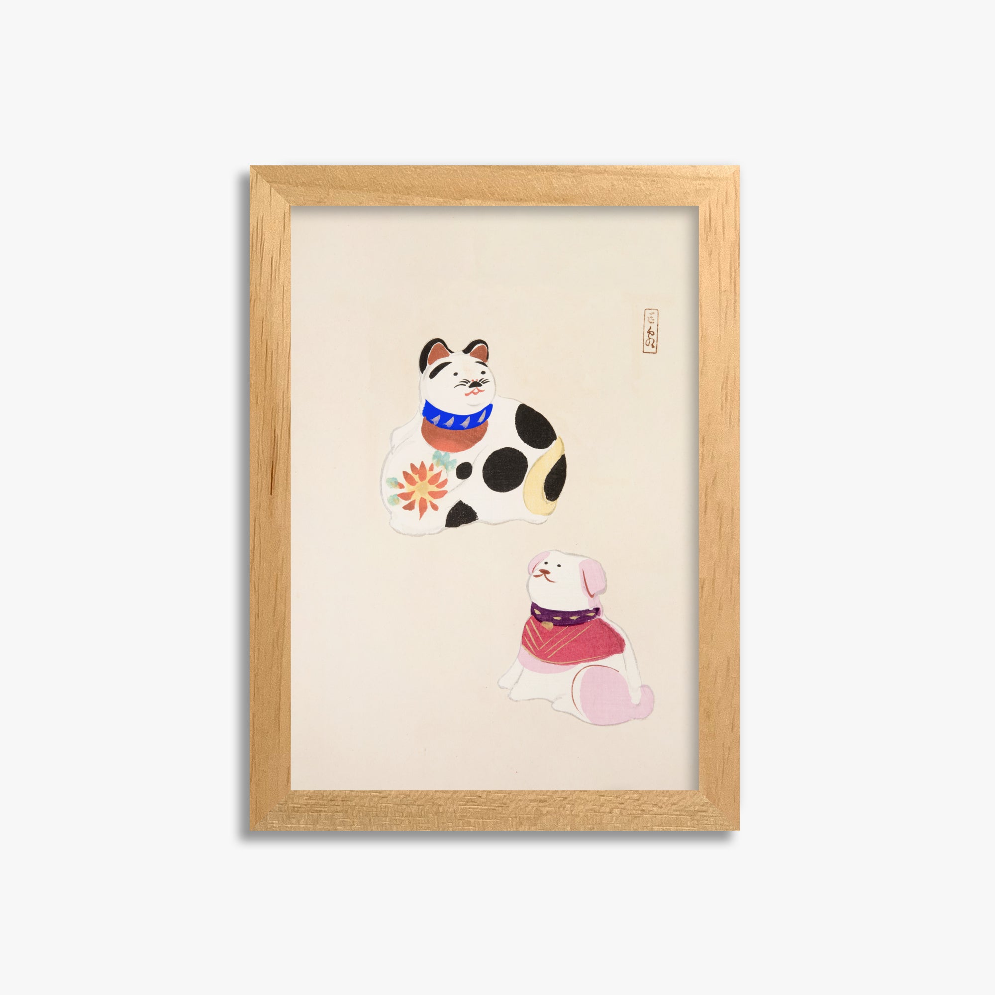Kawasaki Kyosen: Kyosen’s Collected Illustrations of Japanese Toys Nr. 11 ("Lucky Friends"), 21x30cm Framed Art Reproduction With Oak Frame