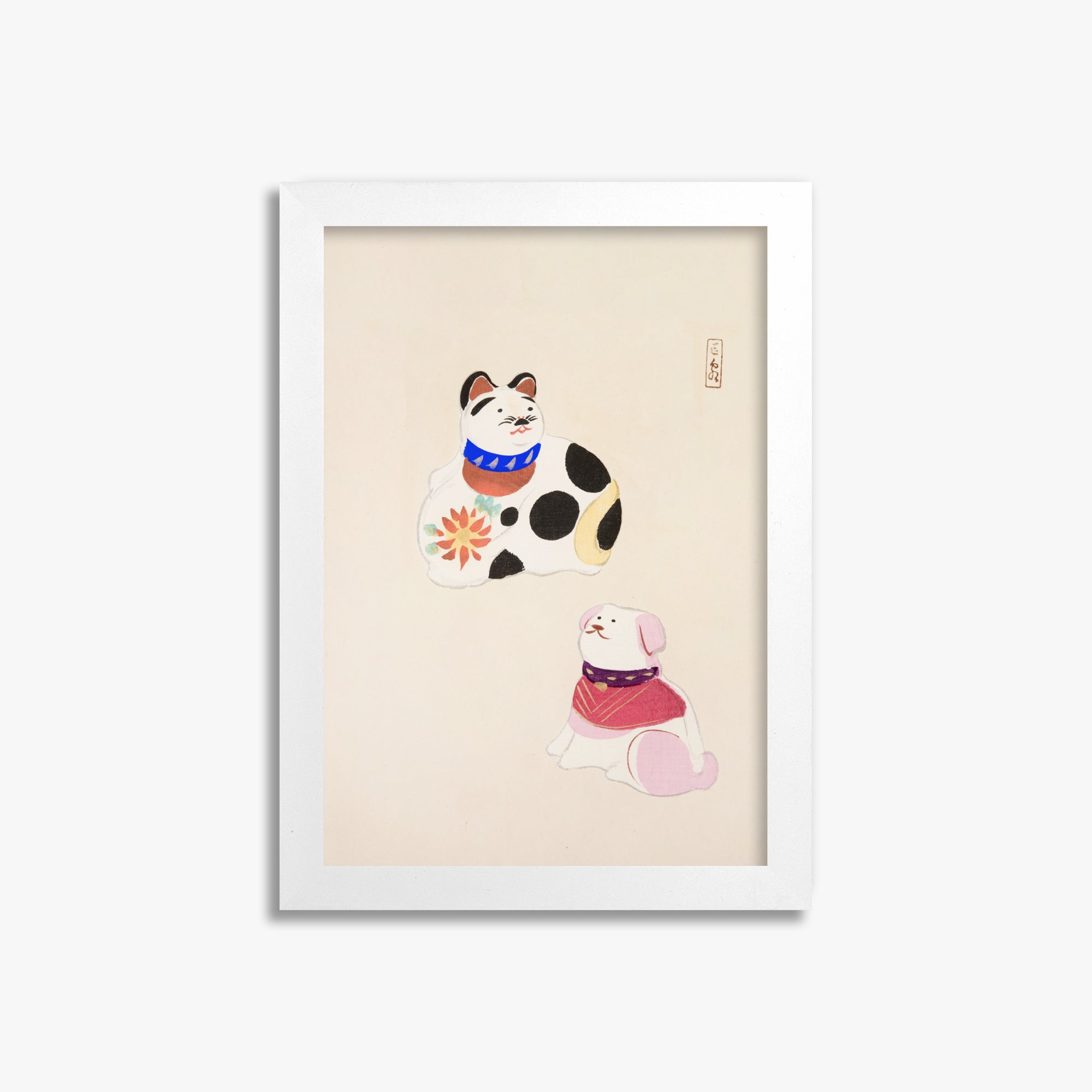 Kawasaki Kyosen: Kyosen’s Collected Illustrations of Japanese Toys Nr. 11 ("Lucky Friends"), 21x30cm Framed Art Reproduction With White Frame