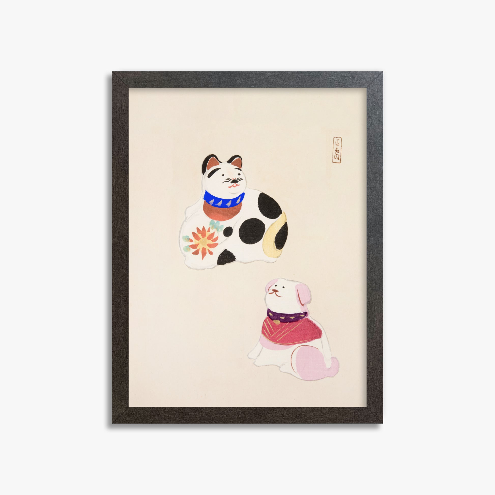 Kawasaki Kyosen: Kyosen’s Collected Illustrations of Japanese Toys Nr. 11 ("Lucky Friends"), 30x40cm Framed Art Reproduction With Espresso Frame