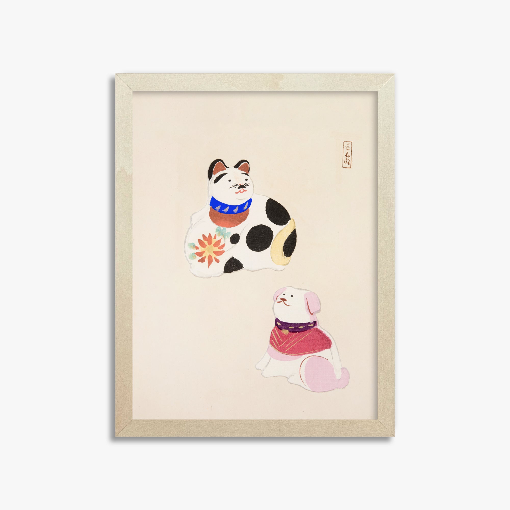 Kawasaki Kyosen: Kyosen’s Collected Illustrations of Japanese Toys Nr. 11 ("Lucky Friends"), 30x40cm Framed Art Reproduction With Lime Wood Frame