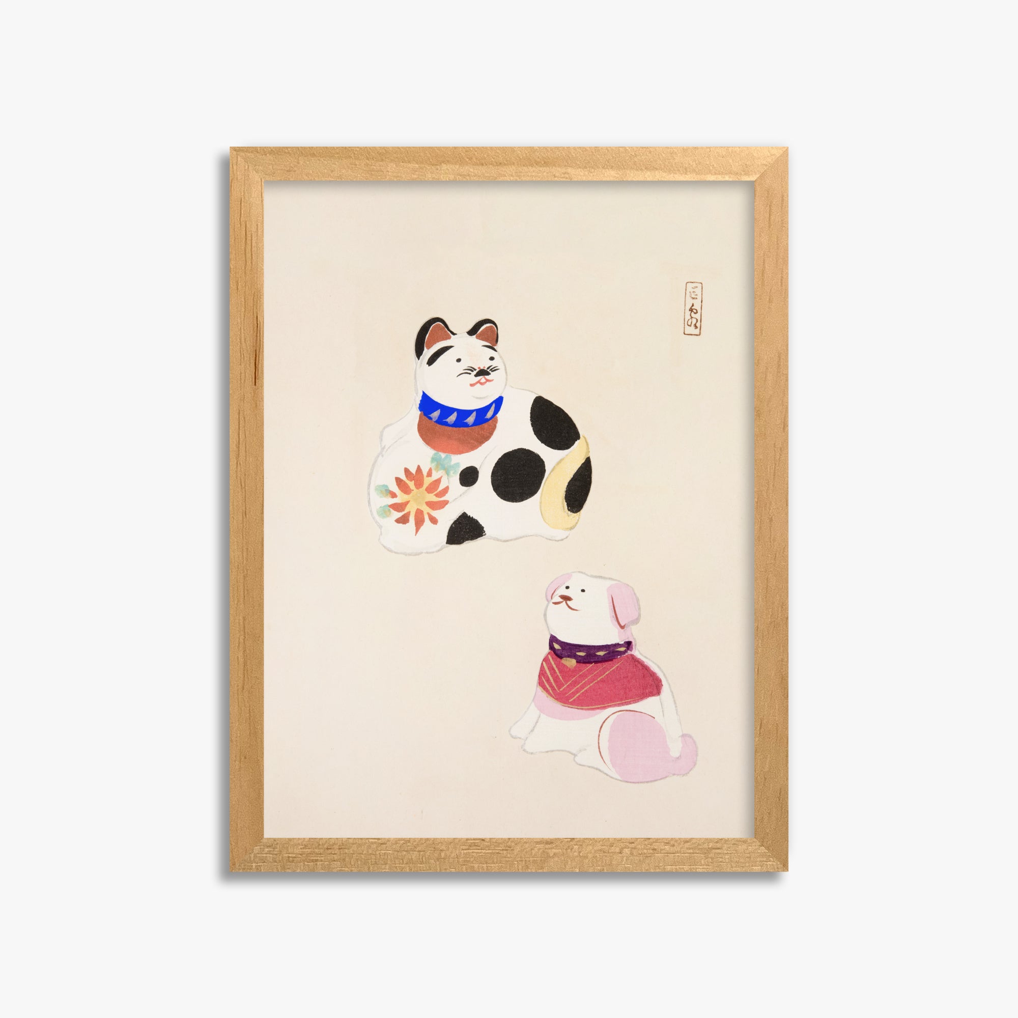 Kawasaki Kyosen: Kyosen’s Collected Illustrations of Japanese Toys Nr. 11 ("Lucky Friends"), 30x40cm Framed Art Reproduction With Oak Frame