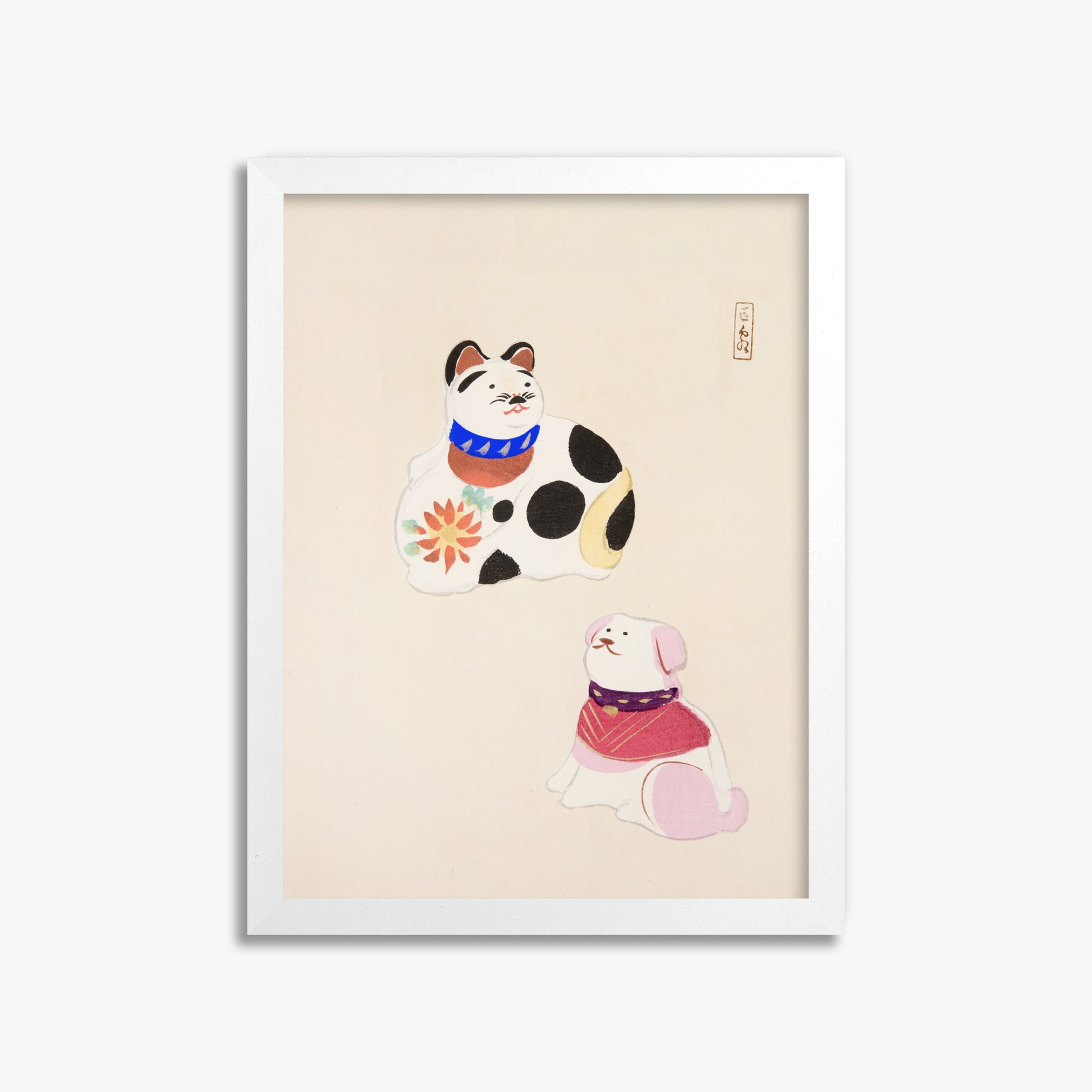 Kawasaki Kyosen: Kyosen’s Collected Illustrations of Japanese Toys Nr. 11 ("Lucky Friends"), 30x40cm Framed Art Reproduction With White Frame