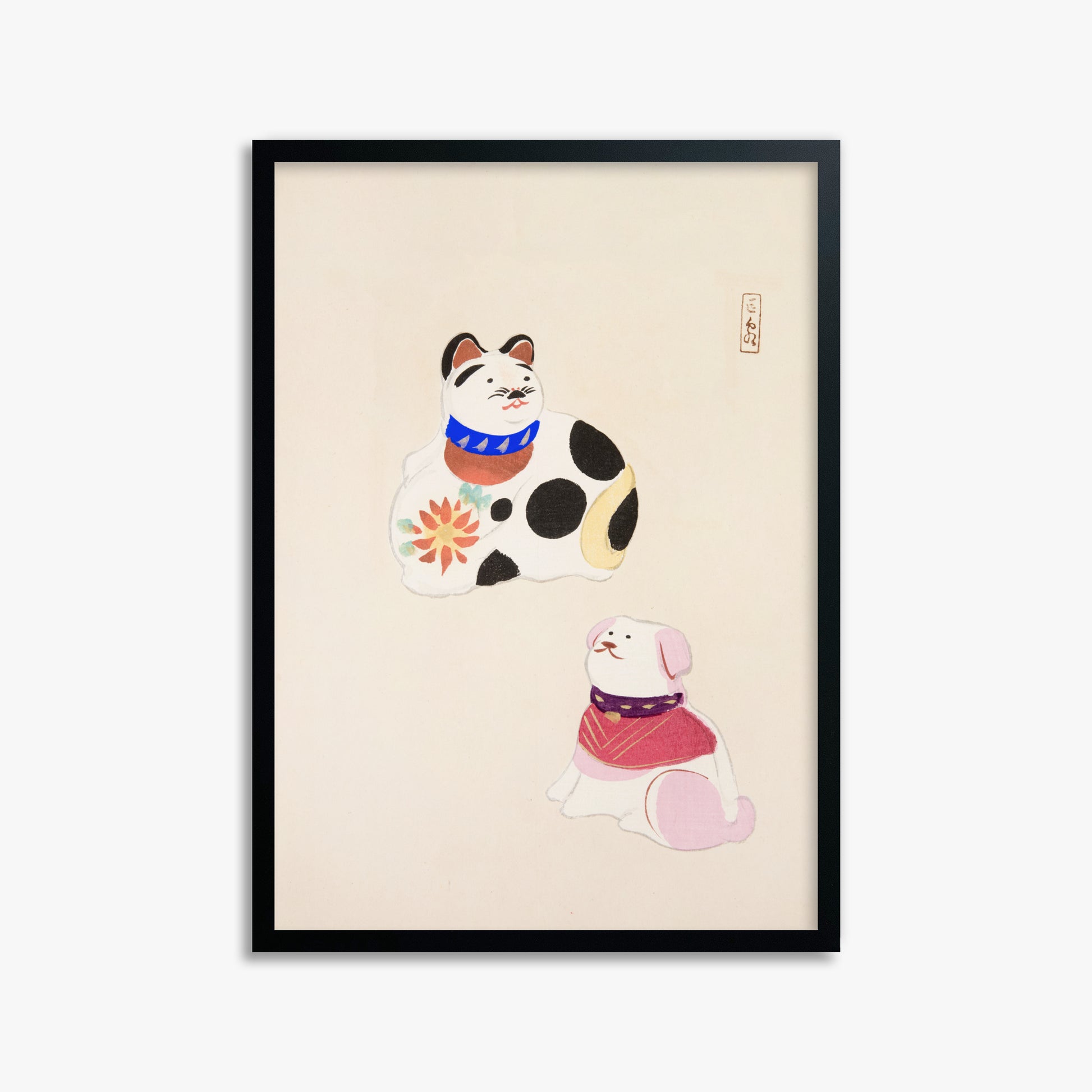 Kawasaki Kyosen: Kyosen’s Collected Illustrations of Japanese Toys Nr. 11 ("Lucky Friends"), 50x70cm Framed Art Reproduction With Black Frame