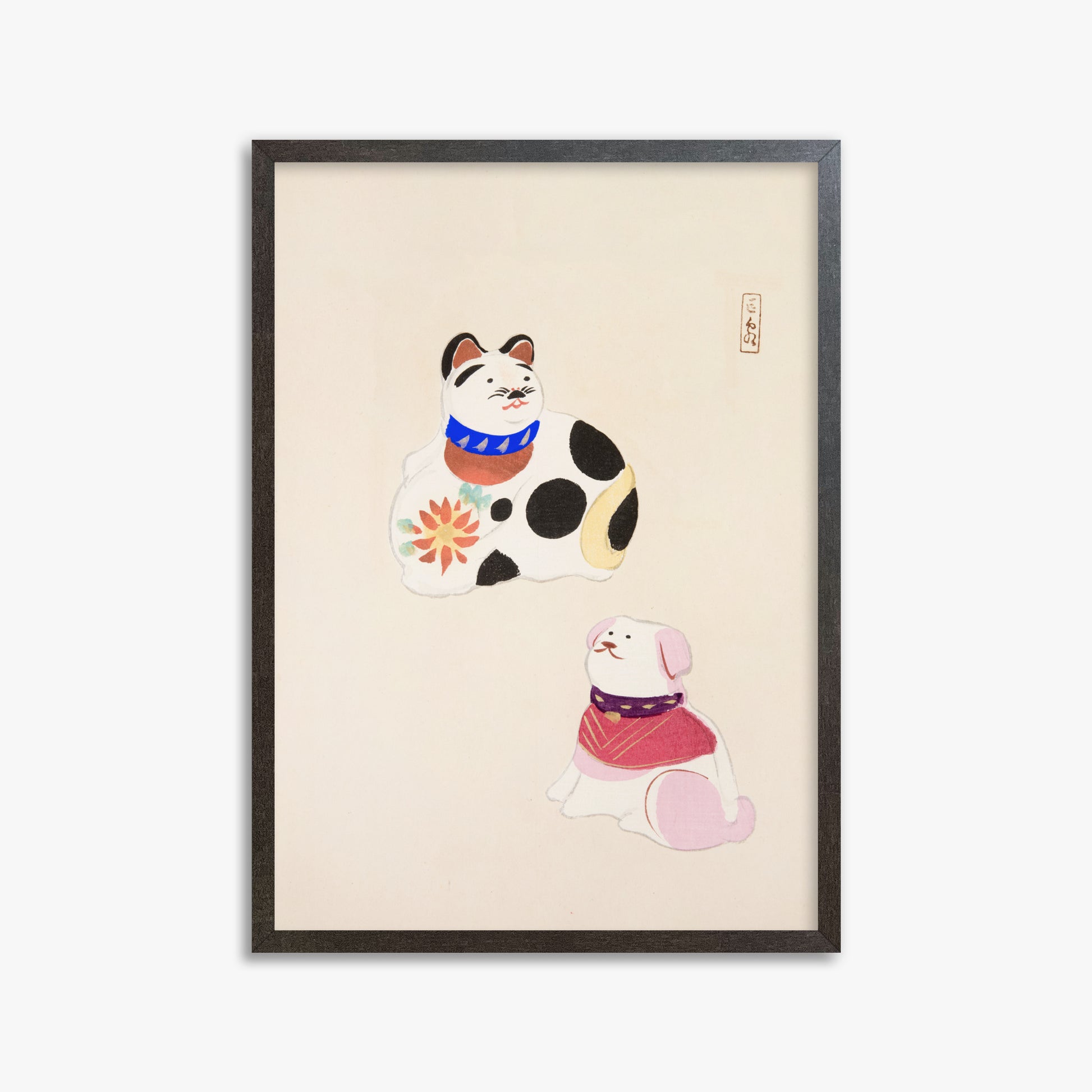 Kawasaki Kyosen: Kyosen’s Collected Illustrations of Japanese Toys Nr. 11 ("Lucky Friends"), 50x70cm Framed Art Reproduction With Espresso Frame