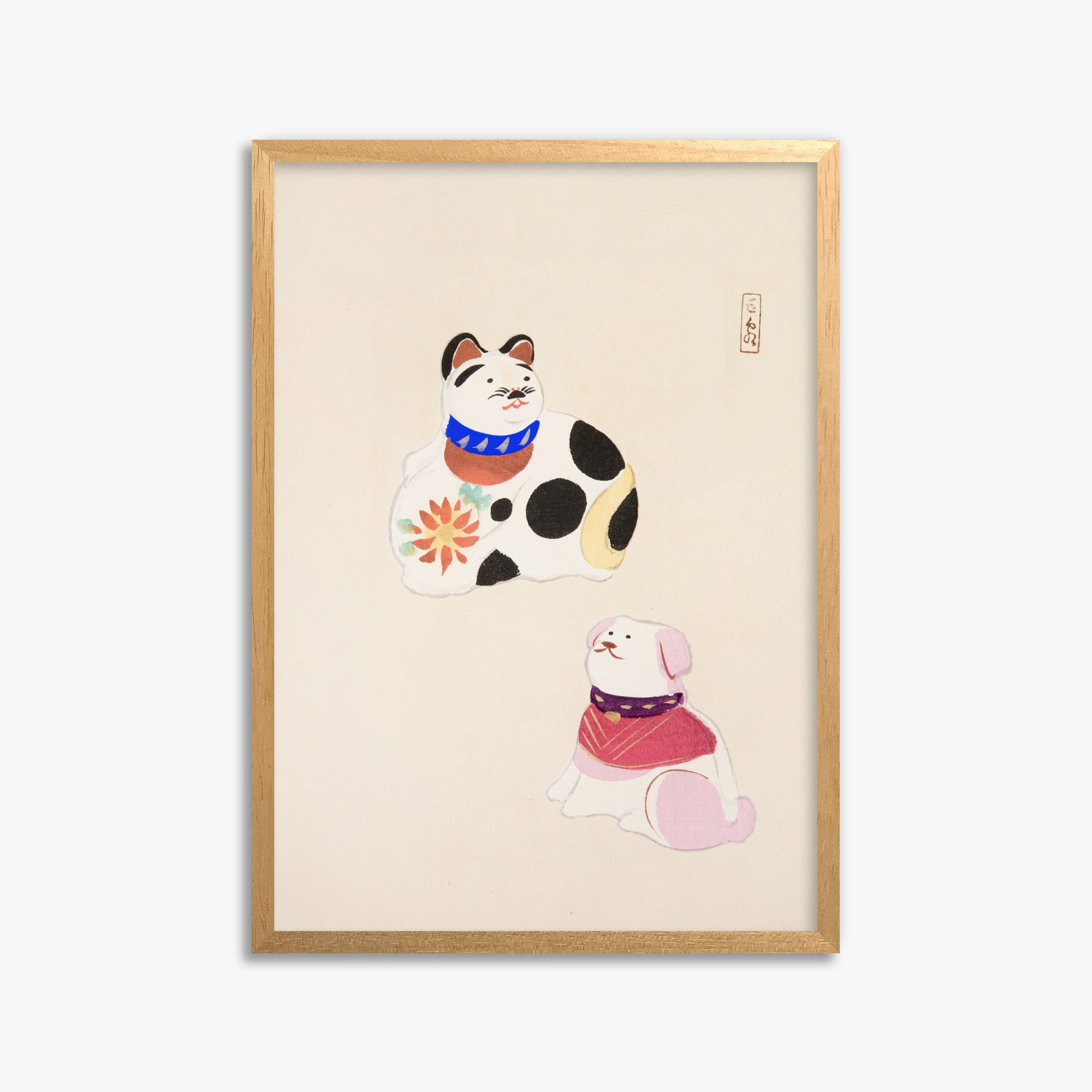 Kawasaki Kyosen: Kyosen’s Collected Illustrations of Japanese Toys Nr. 11 ("Lucky Friends"), 50x70cm Framed Art Reproduction With Oak Frame