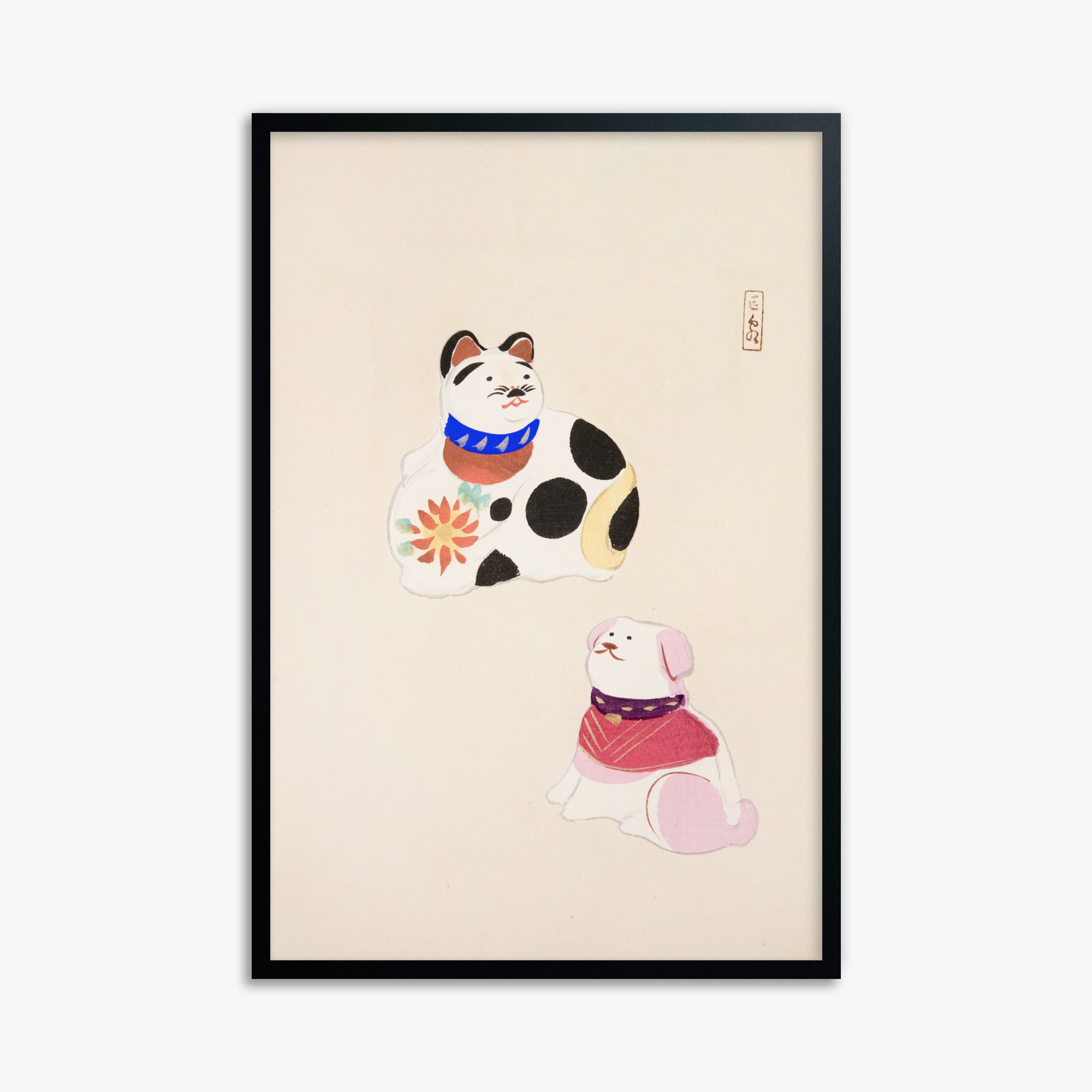 Kawasaki Kyosen: Kyosen’s Collected Illustrations of Japanese Toys Nr. 11 ("Lucky Friends"), 61x91cm Framed Art Reproduction With Black Frame