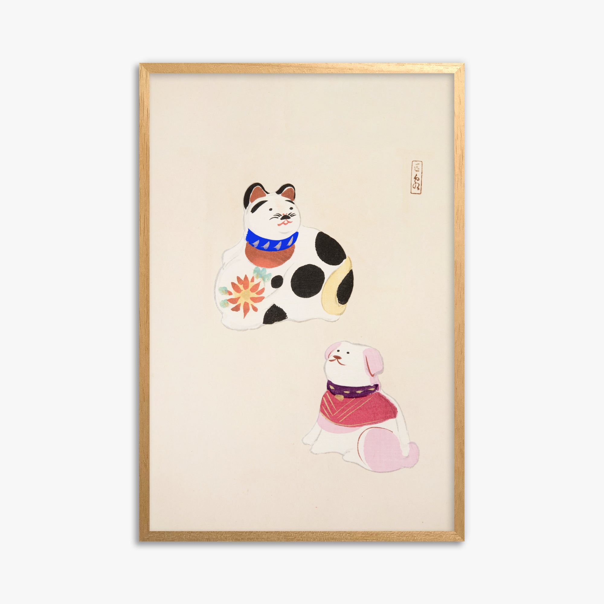 Kawasaki Kyosen: Kyosen’s Collected Illustrations of Japanese Toys Nr. 11 ("Lucky Friends"), 61x91cm Framed Art Reproduction With Oak Frame