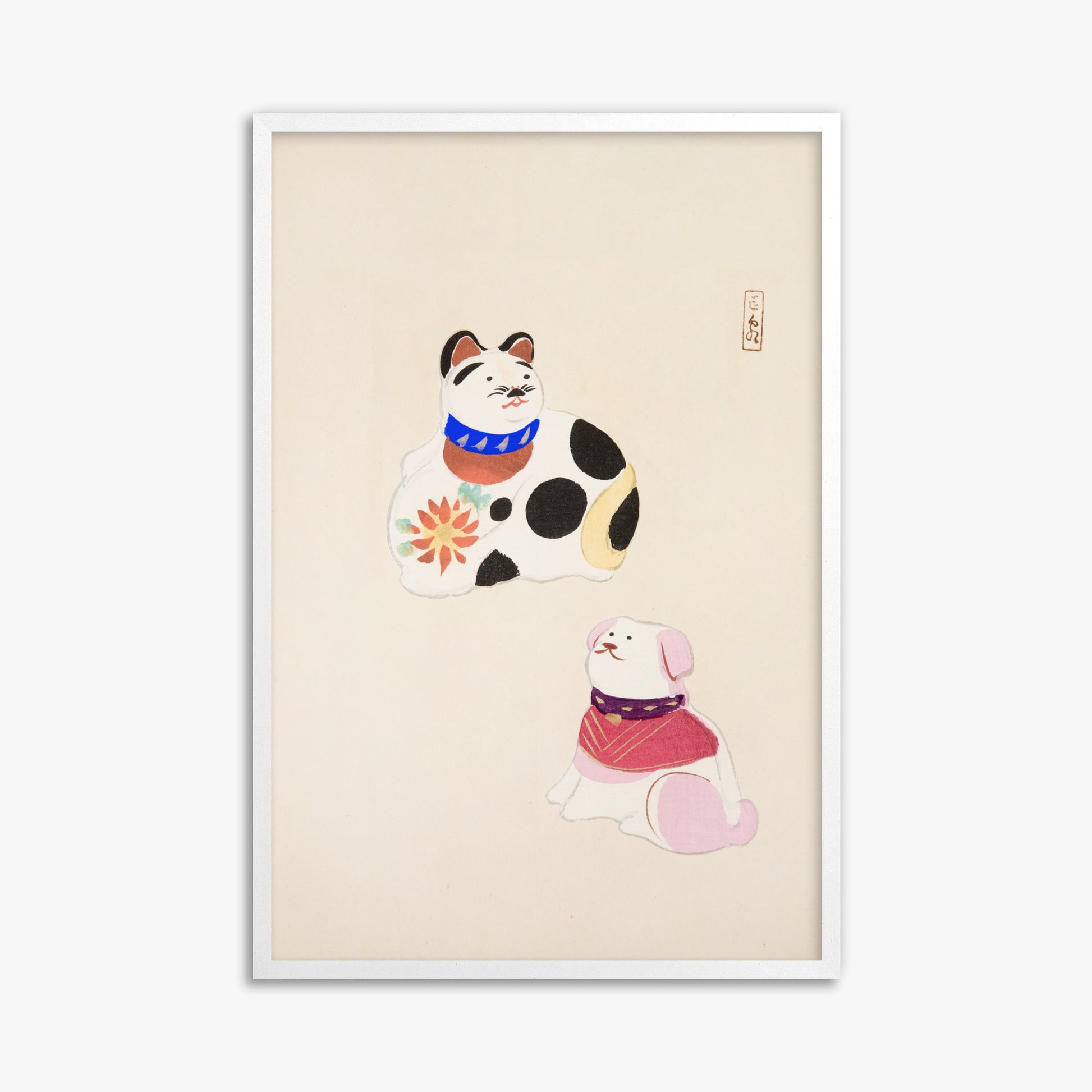 Kawasaki Kyosen: Kyosen’s Collected Illustrations of Japanese Toys Nr. 11 ("Lucky Friends"), 61x91cm Framed Art Reproduction With White Frame