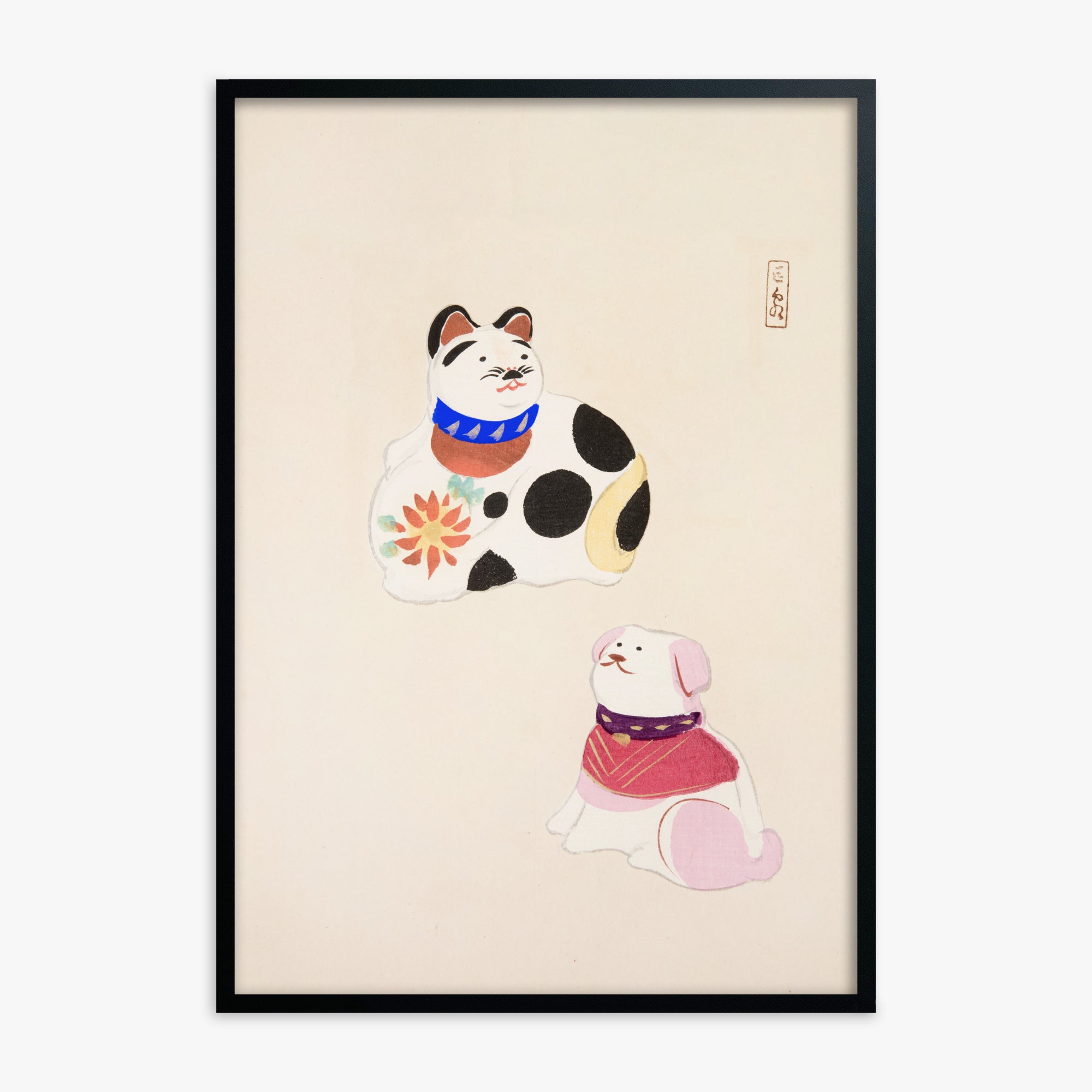 Kawasaki Kyosen: Kyosen’s Collected Illustrations of Japanese Toys Nr. 11 ("Lucky Friends"), Black Framed Art Reproduction With Black Frame