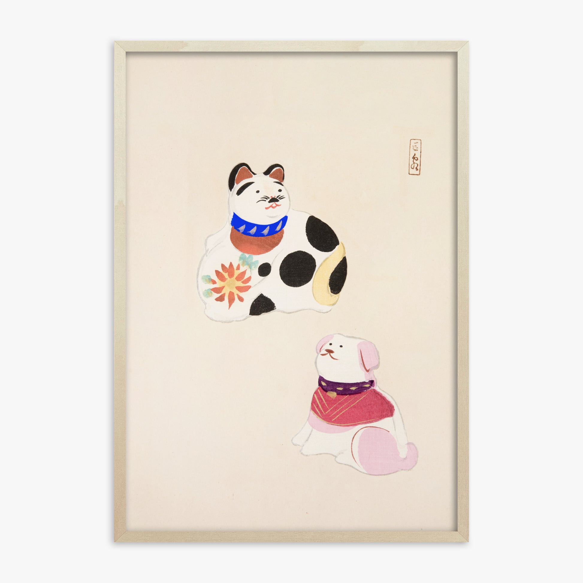 Kawasaki Kyosen: Kyosen’s Collected Illustrations of Japanese Toys Nr. 11 ("Lucky Friends"), 70x100cm Framed Art Reproduction With Lime Wood Frame