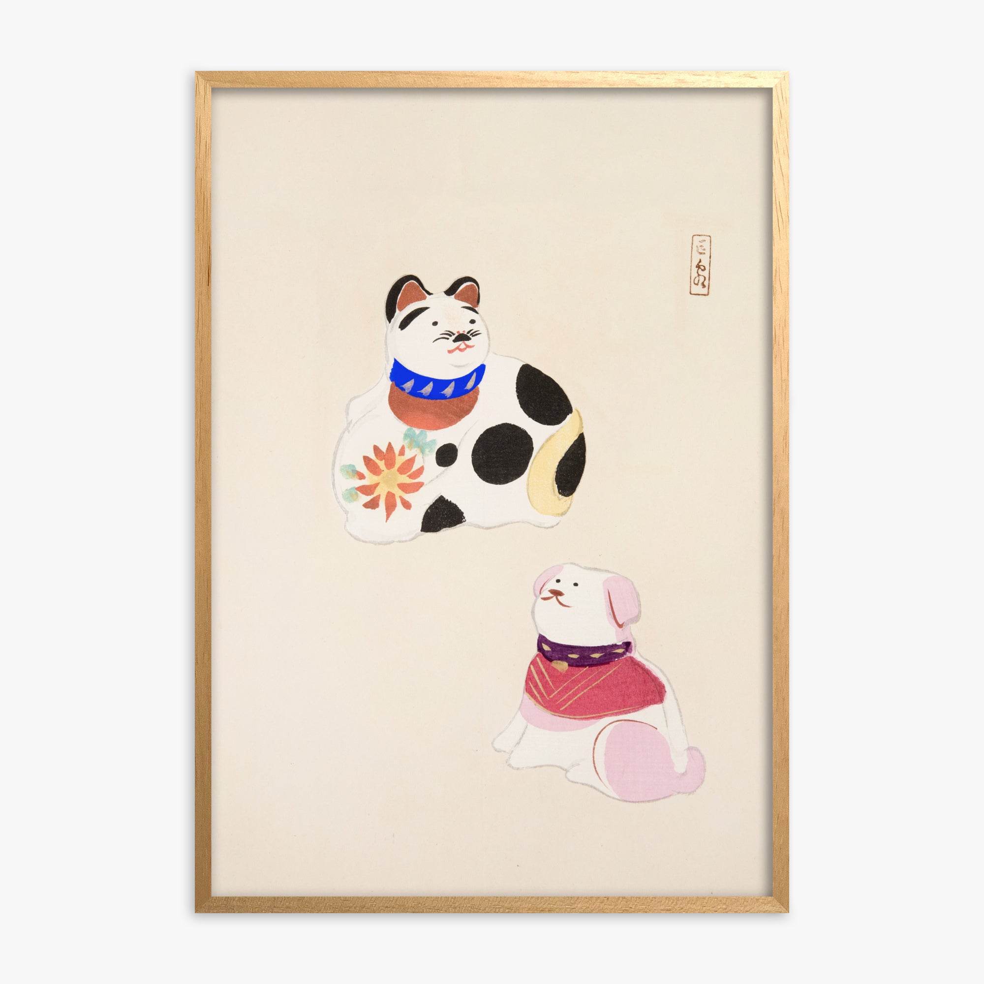 Kawasaki Kyosen: Kyosen’s Collected Illustrations of Japanese Toys Nr. 11 ("Lucky Friends"), Oak Framed Art Reproduction With Oak Frame