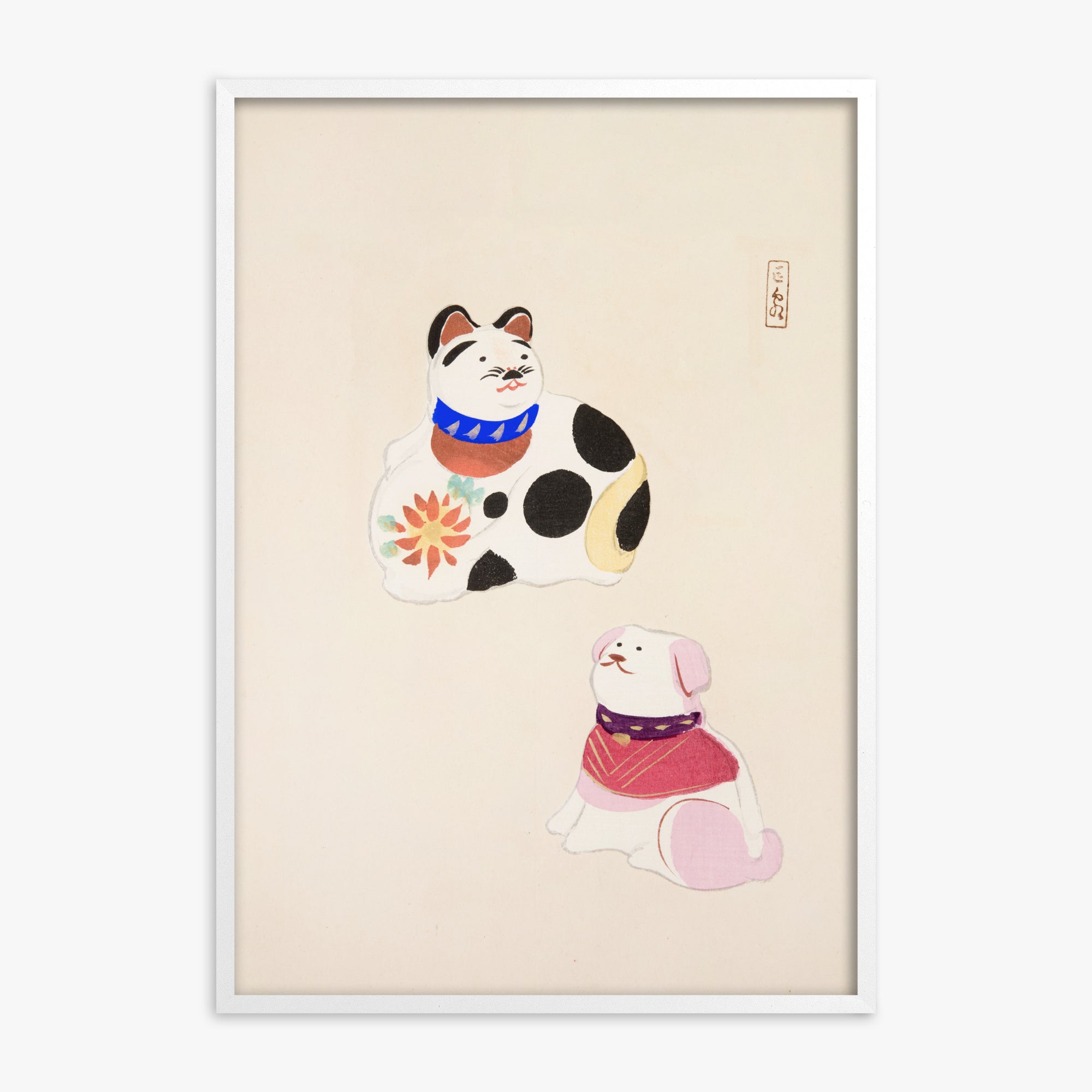 Kawasaki Kyosen: Kyosen’s Collected Illustrations of Japanese Toys Nr. 11 ("Lucky Friends"), White Framed Art Reproduction With White Frame