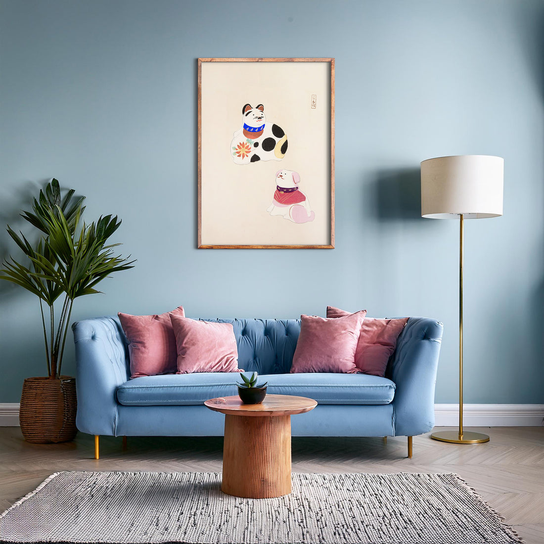 Kawasaki Kyosen: Kyosen’s Collected Illustrations of Japanese Toys Nr. 11 ("Lucky Friends"), 50x70cm Framed Art Reproduction With Black Frame